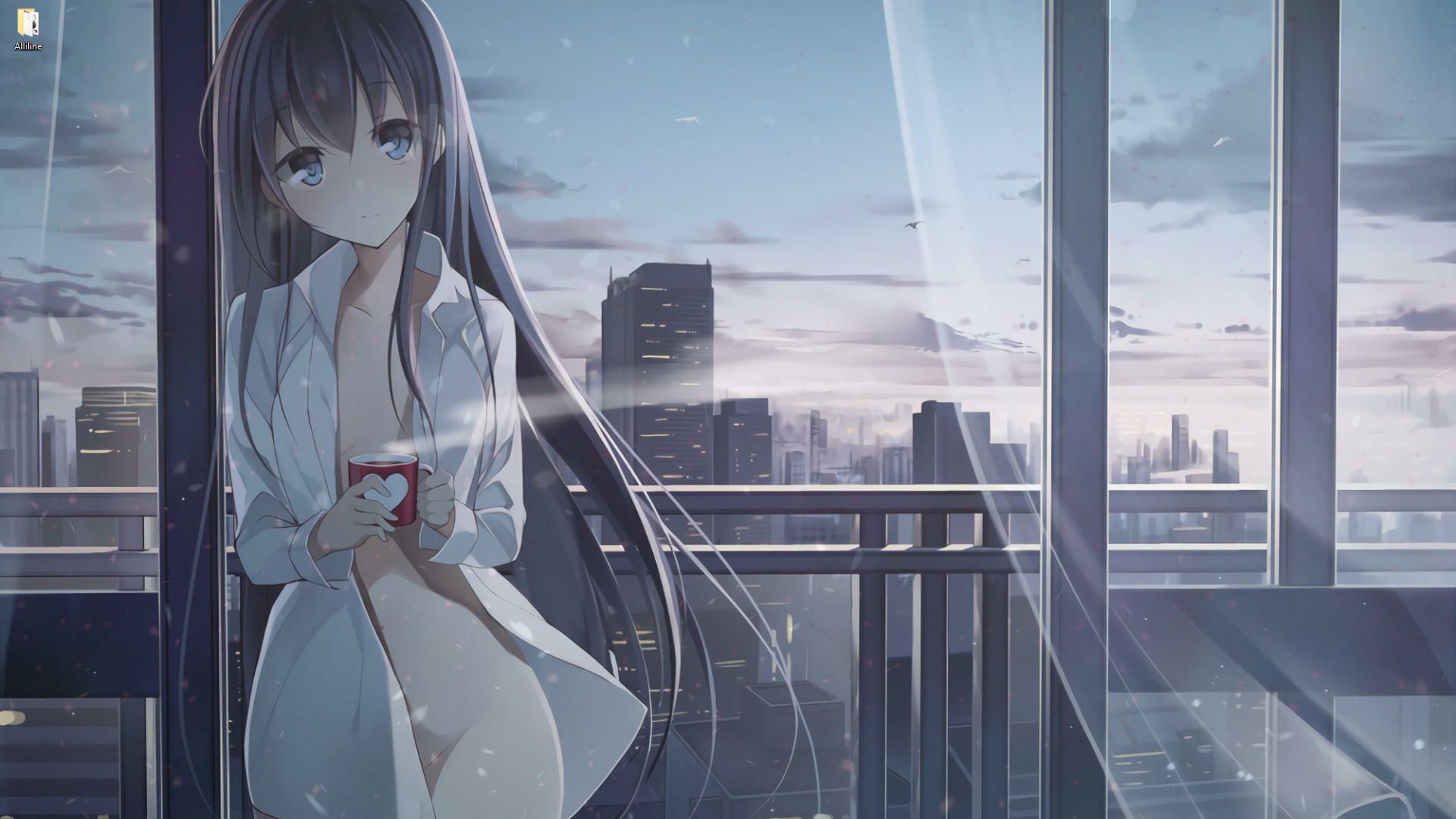 Beautiful anime girl with black long hair and coffee mug live wallpaper [DOWNLOAD FREE]