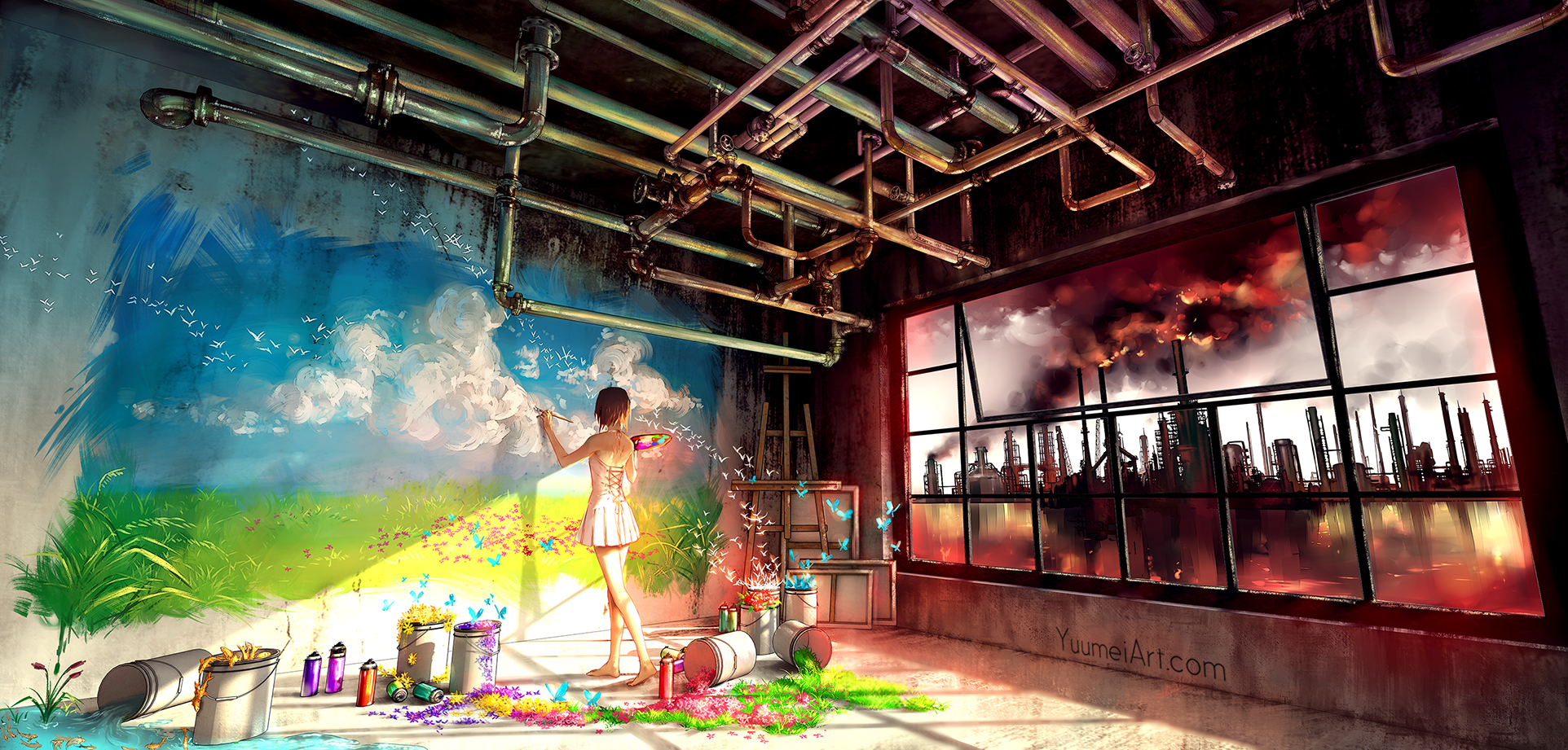 Download 1924x921 Anime Girl, Painting, Room, Anime Landscape, Dress Wallpaper