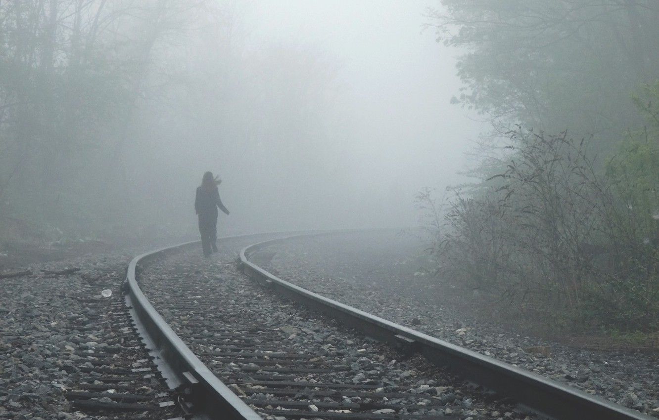 Wallpaper girl, fog, alone, mood, rails, railroad, I walk a lonely road image for desktop, section настроения