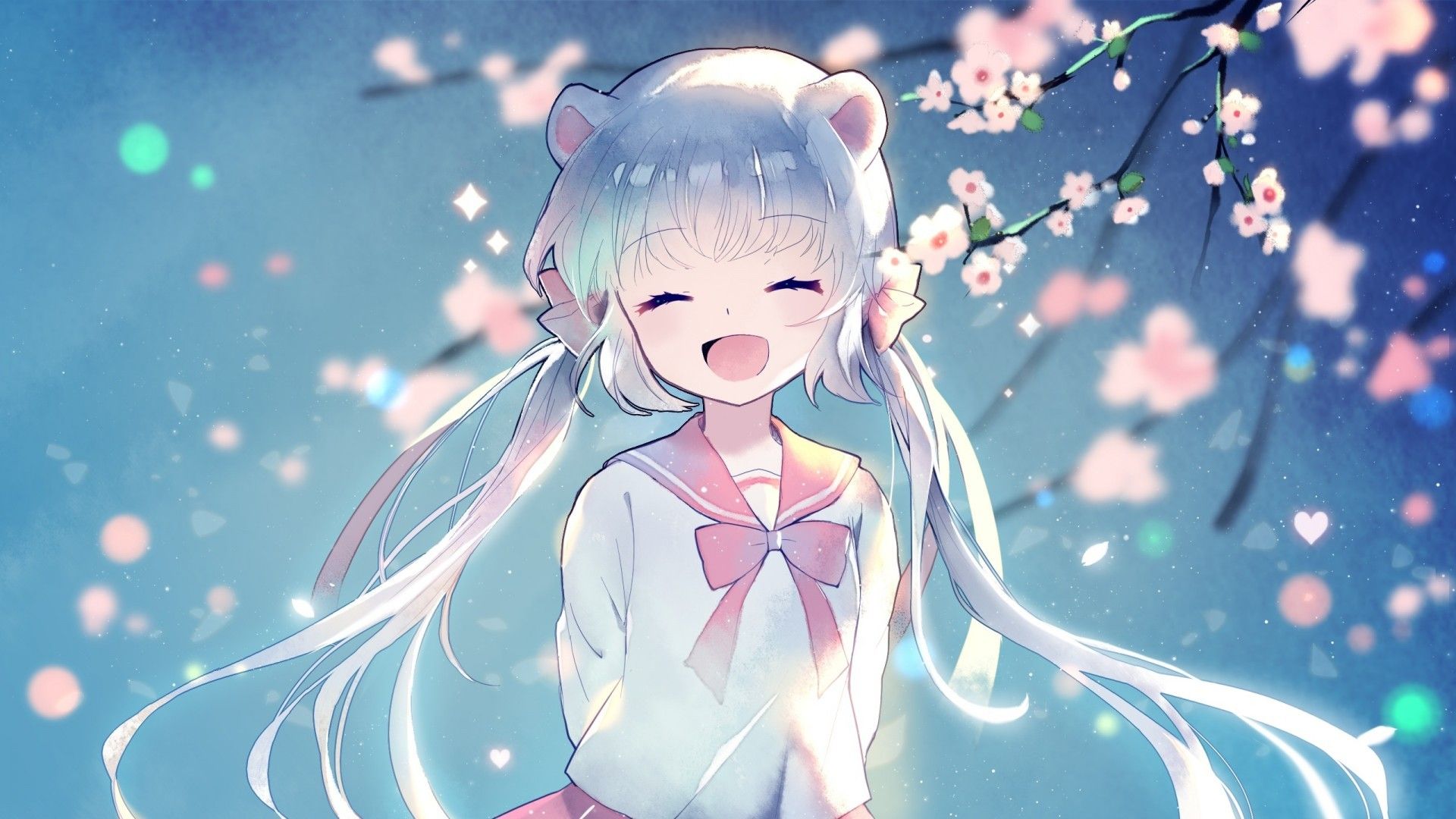 Anime Girl, Happy Face, Twintails, Aqua Hair, Cherry Girl Wallpaper Kawaii HD Wallpaper