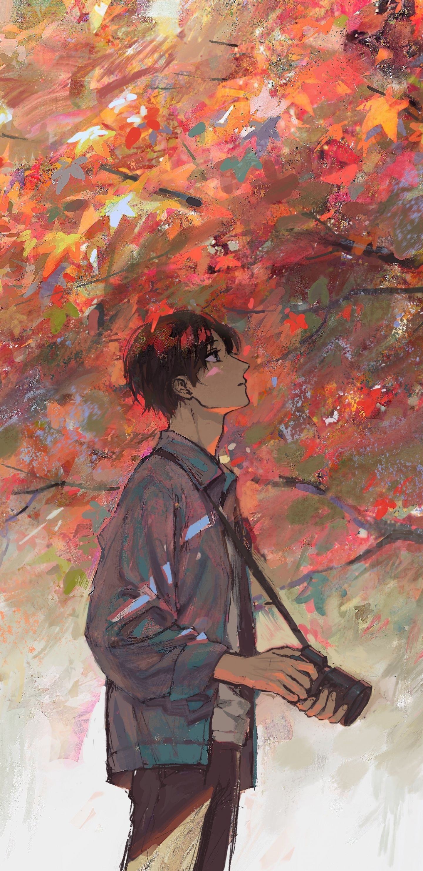 Anime boy, autumn, tree, artwork, 1440x2960 wallpaper #autumnwallpaper Anime boy, autumn, tr. Anime artwork wallpaper, Anime scenery, Anime background wallpaper