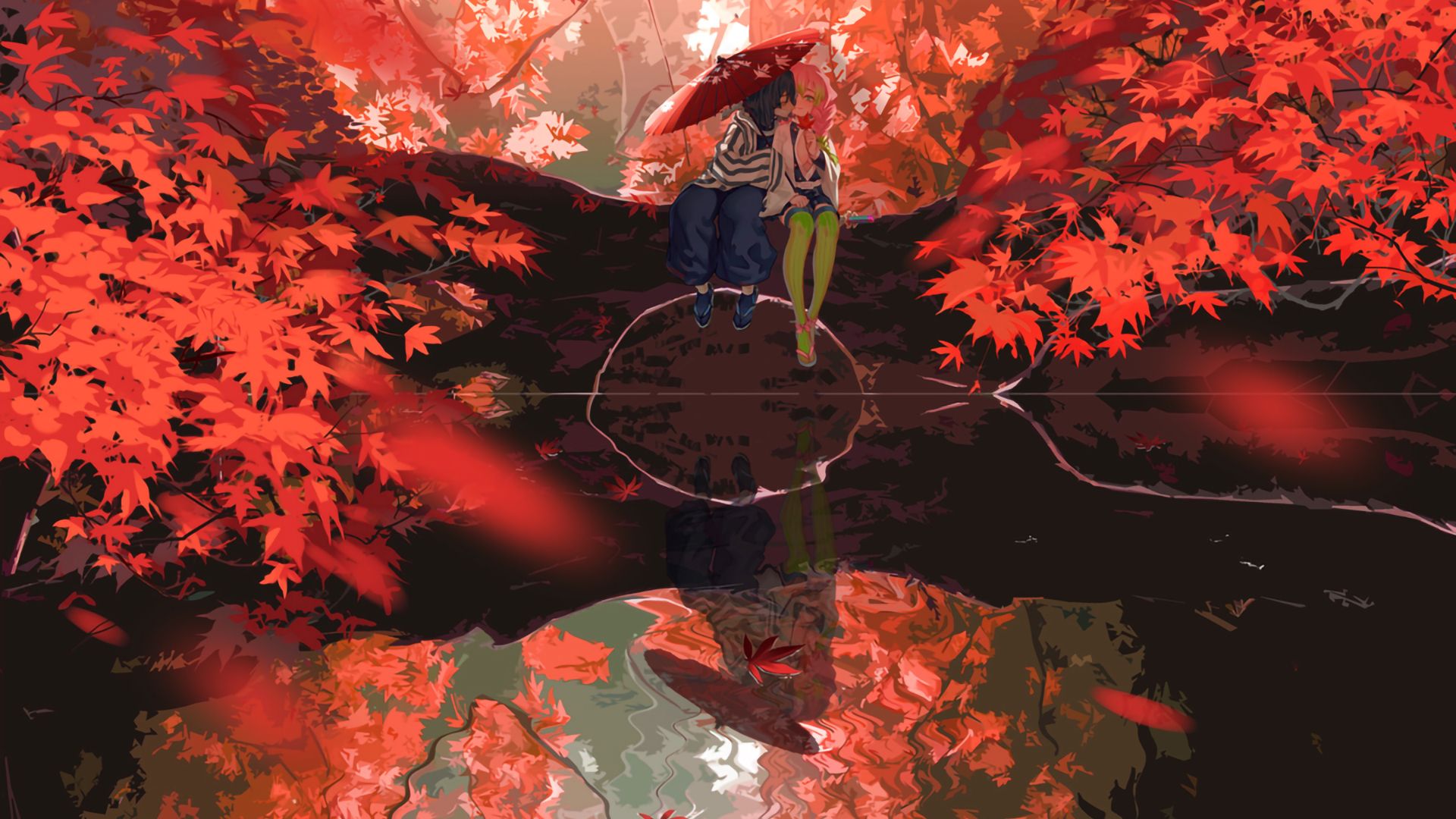 Demon Slayer Mitsuri Kanroji Obanai Iguro Sitting Near Water With Parasol Around Trees With Red Leaves HD Anime Wallpaper