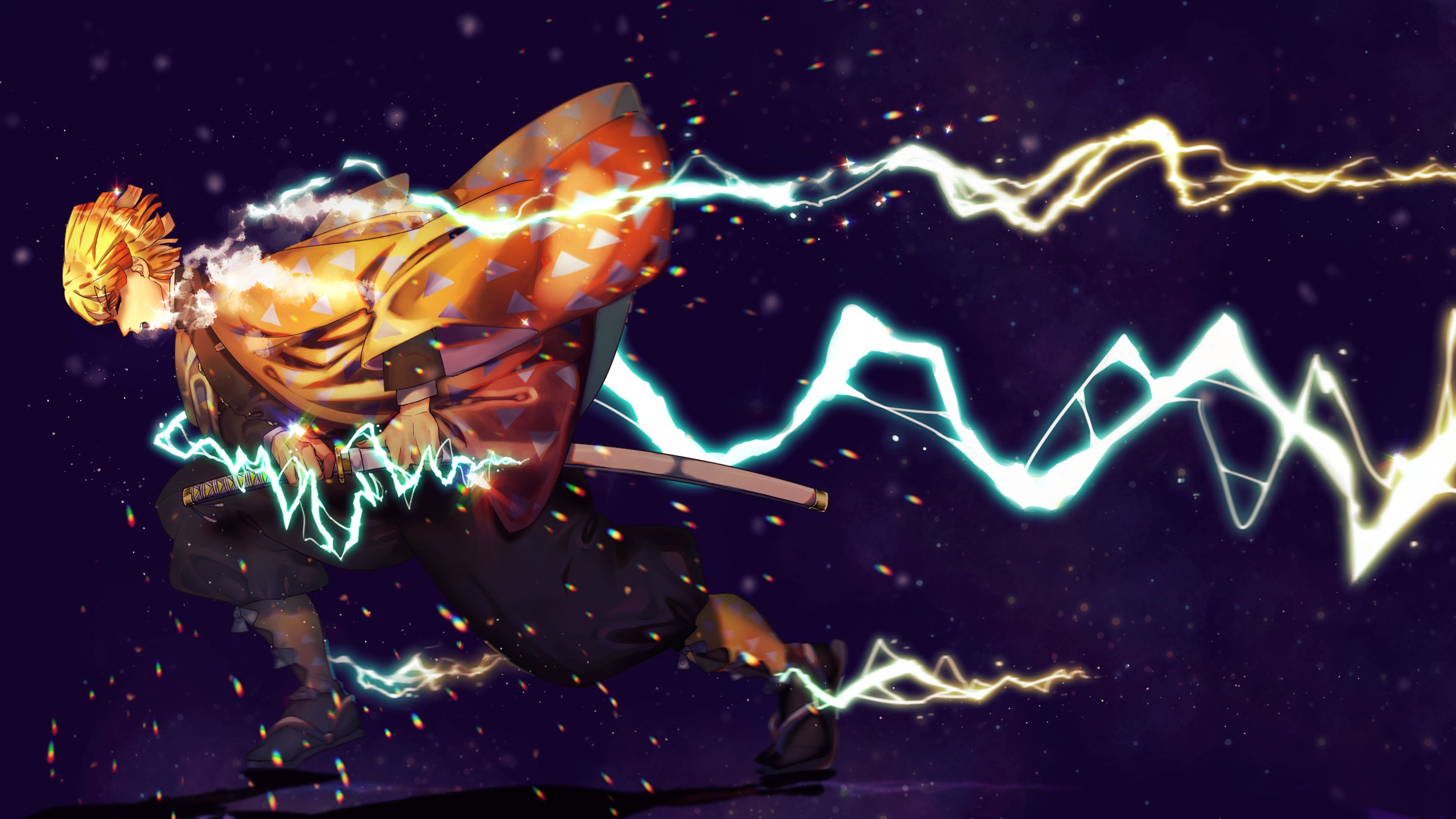Demon Slayer Zenitsu Agatsuma With Sword And Lightning With Dark Purple Background 4K HD Anime Wallpaper