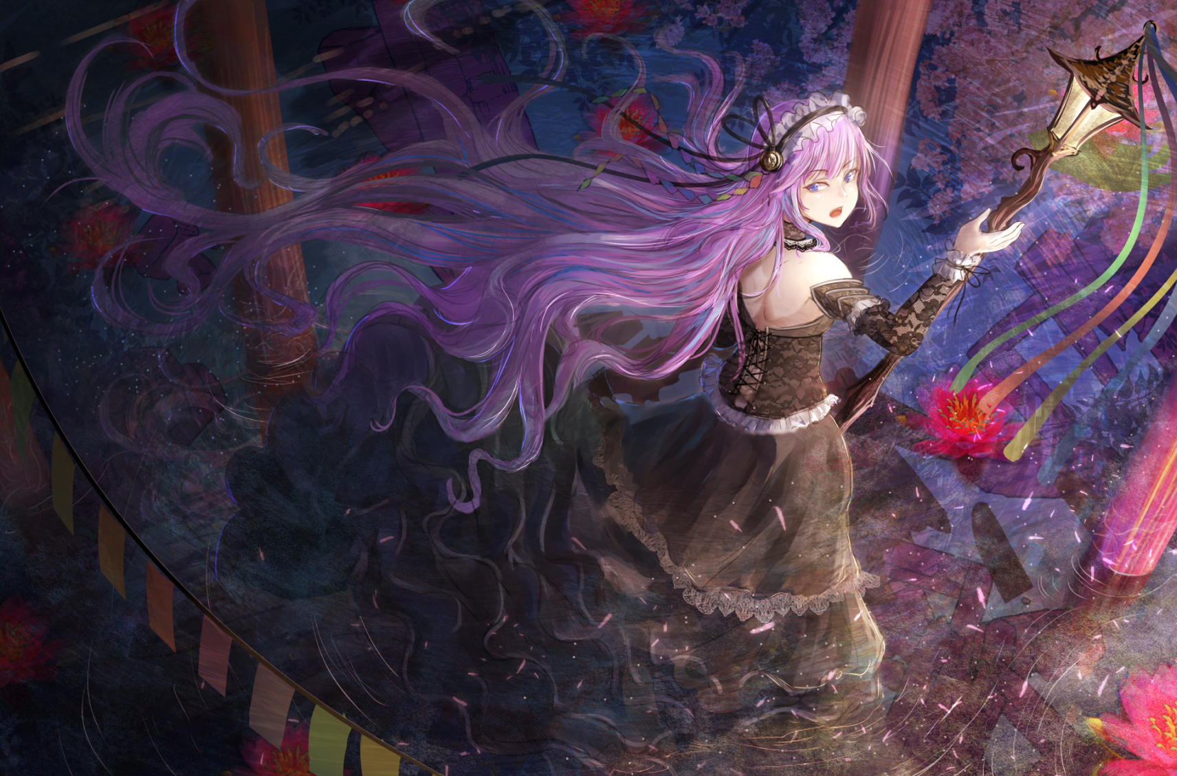 Download 1712x1129 Anime Girl, Purple Hair, Black Dress, Lamp, Wind Wallpaper
