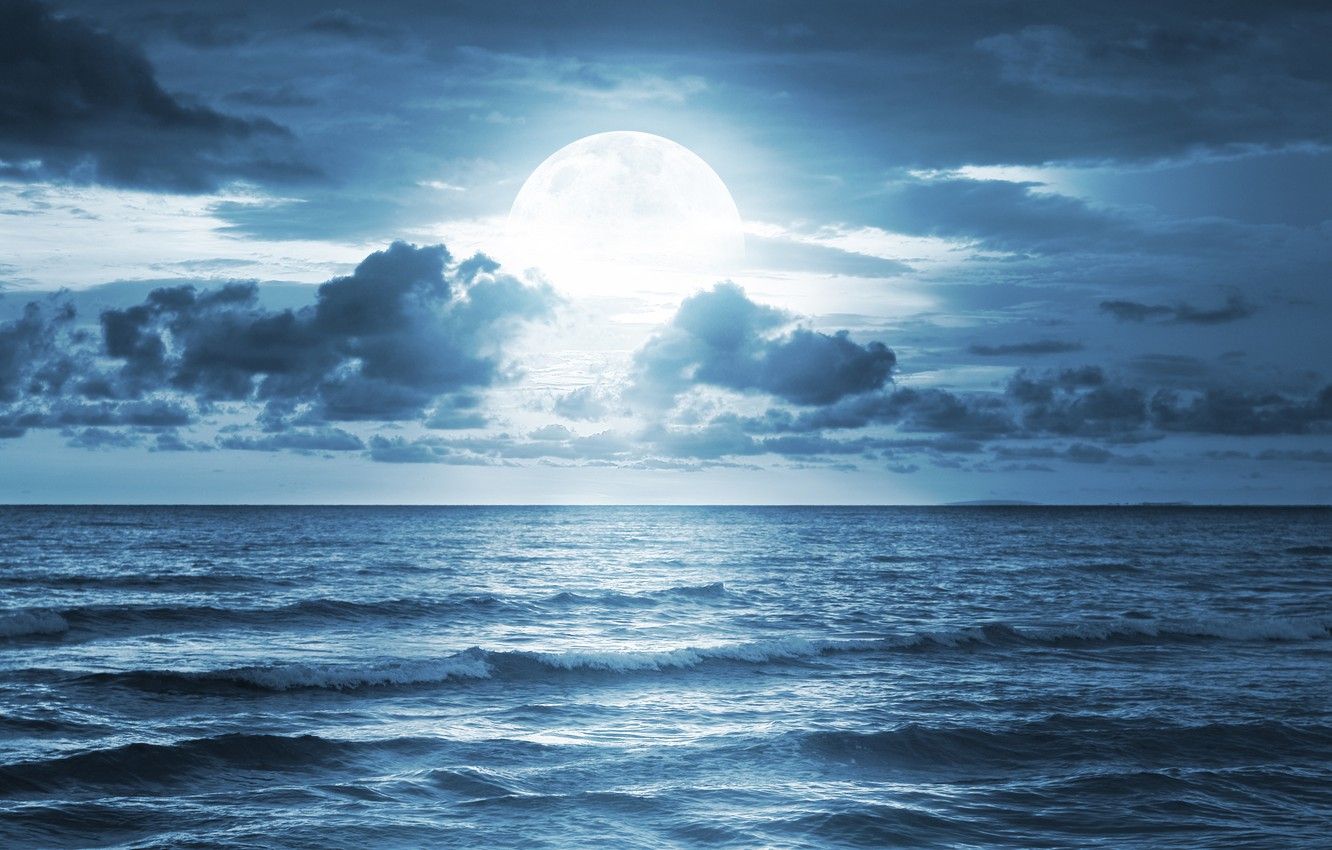 Wallpaper sea, the sky, clouds, landscape, the ocean, moonlight, sky, sea, ocean, landscape, clouds, midnight, beautiful nature, Moonlight, midnight, full moon image for desktop, section пейзажи