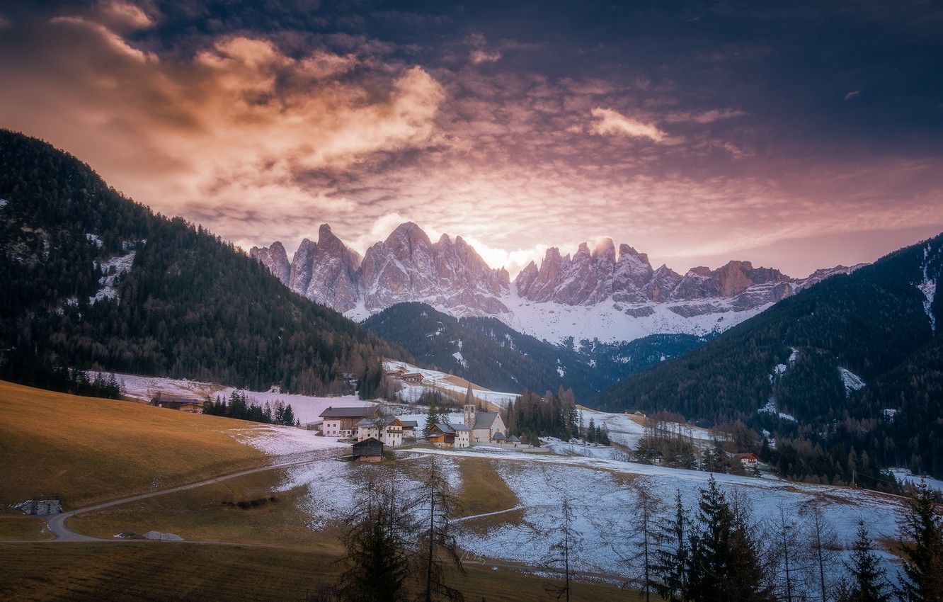 Wallpaper winter, forest, the sky, mountains, meadow, Italy, Church, Italy, Santa Maddalena image for desktop, section пейзажи