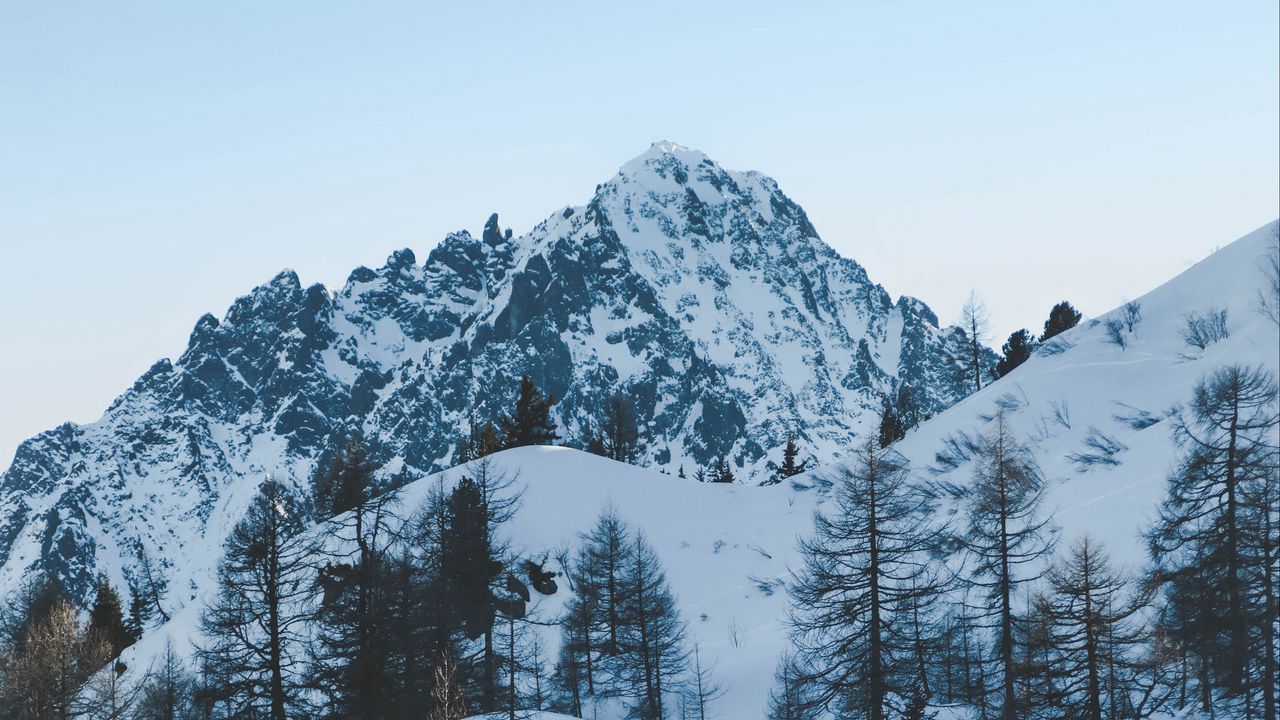 Download wallpaper 1280x720 winter, mountain, snow, trees, winter landscape, shadows hd, hdv, 720p HD background