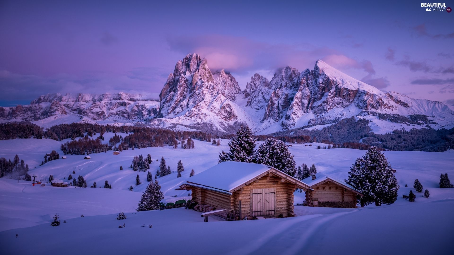 Trentino Alto Adige, Italy, Dolomites Mountains, Seiser Alm Meadow, Houses, Clouds, Trees, Viewes, Winter Views Wallpaper: 1920x1080