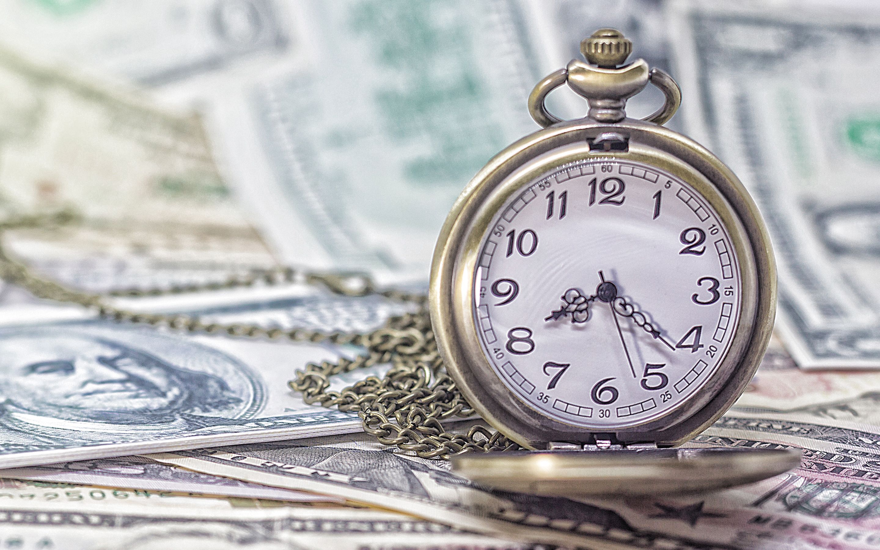 Download wallpaper Time is money, old pocket watch on money, american dollars, money concepts, finance, business for desktop with resolution 2880x1800. High Quality HD picture wallpaper