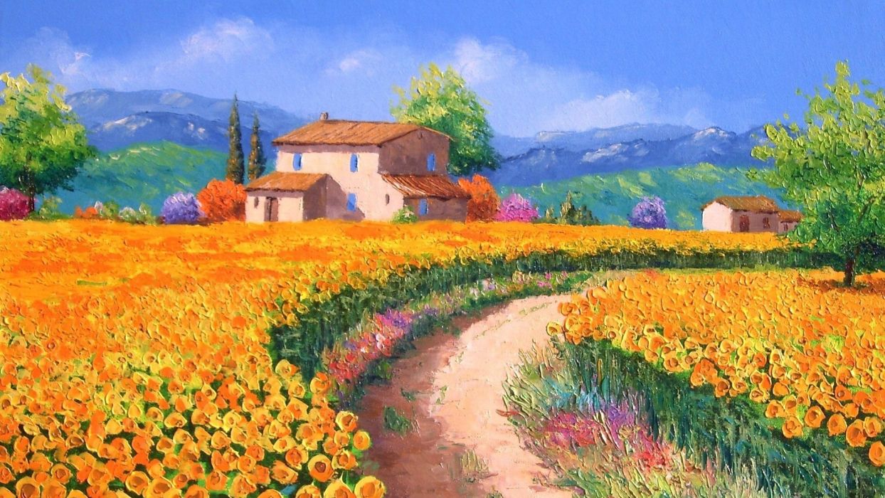 Art Jean Marc Zhanyachik Landscape With Sunflowers Painting Wallpaperx1080