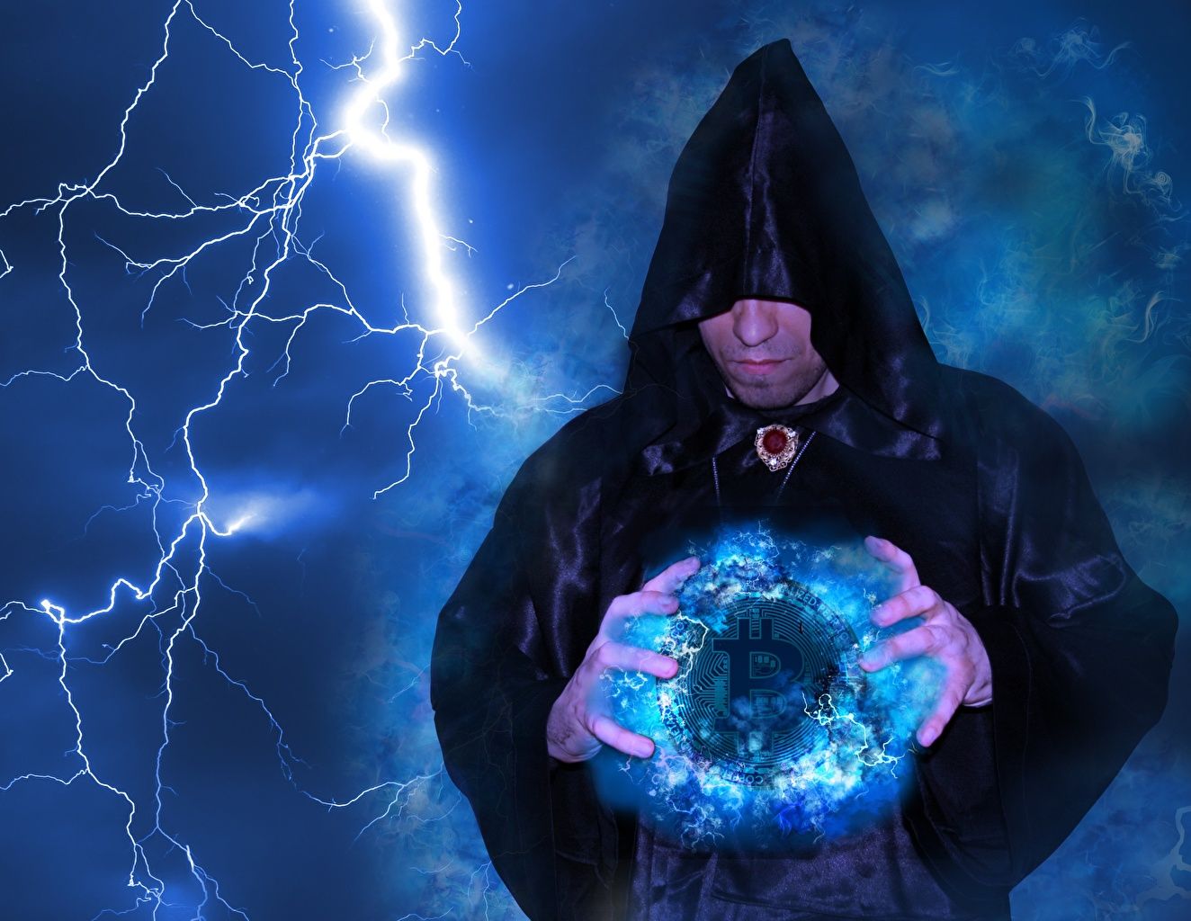 Desktop Wallpaper Magic Bitcoin magician Men Lightning Fantasy Hood