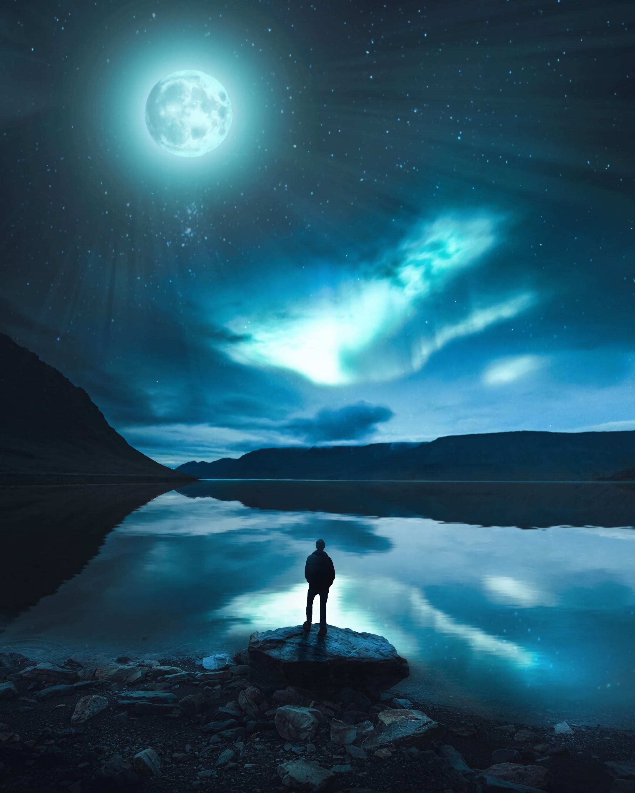 Download 2160x2700 Lonely Man, Night, Moonlight, Reflection, Lake, Scenic, Mood Wallpaper