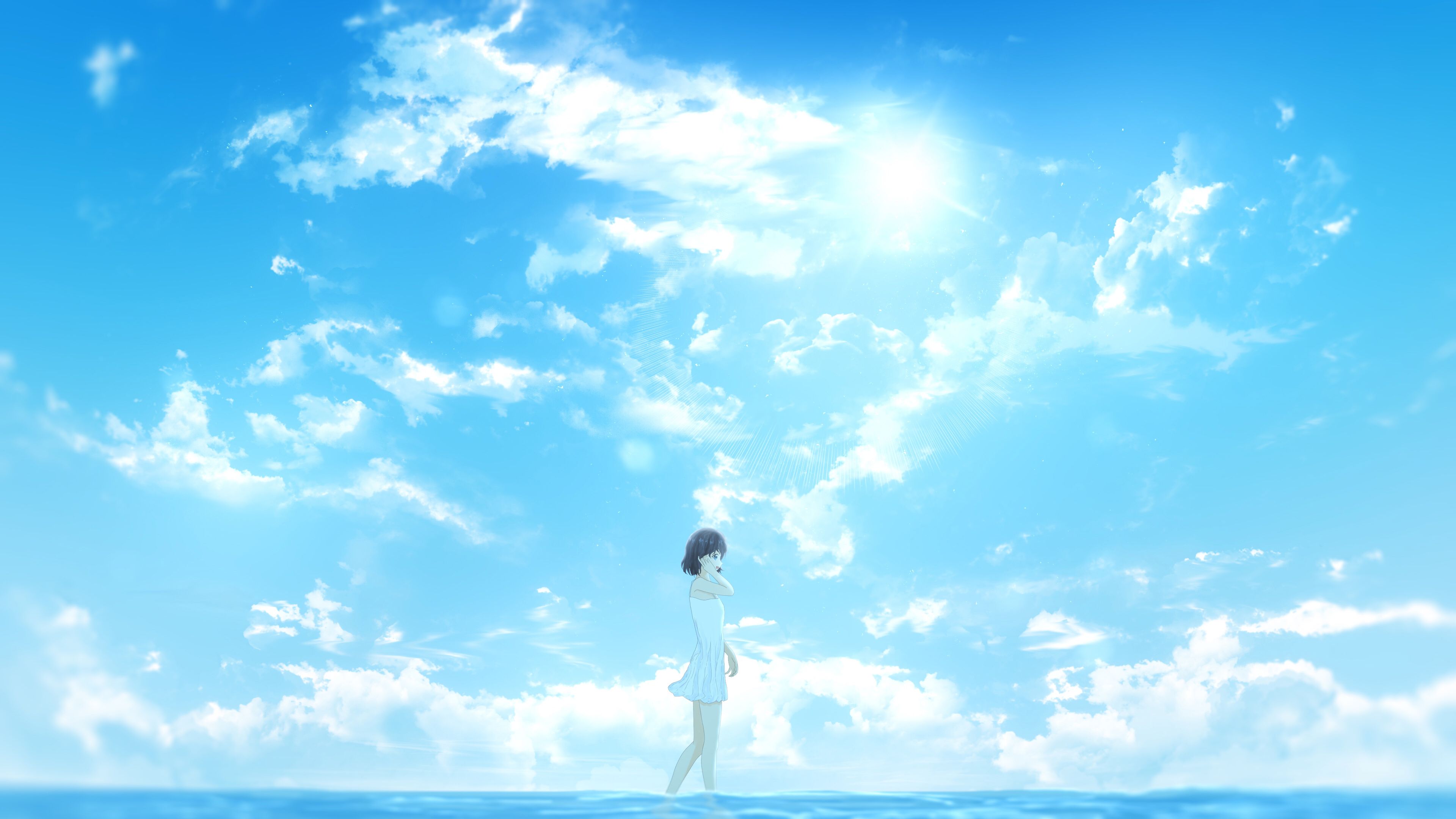 Beach Blue Sky Girl 4K HD Wallpaper