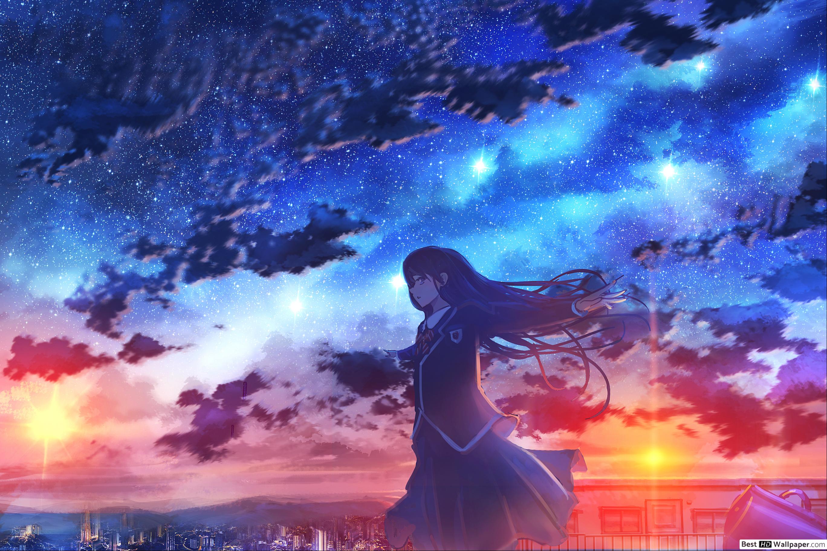 Anime girl sunset and sky HD wallpaper download
