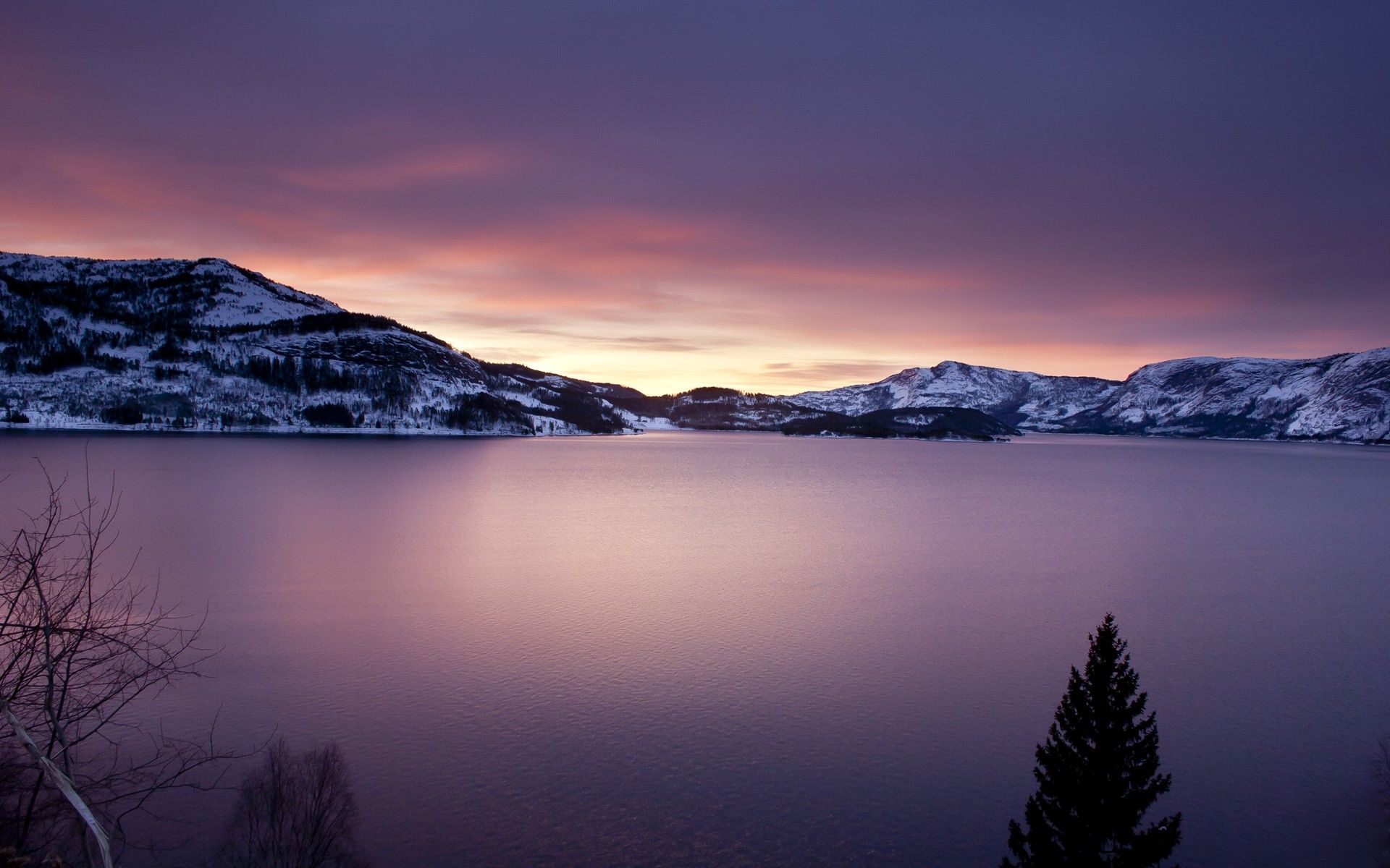 water, mountains, sunset, calm, snow, winter, nature, lakes, sea wallpaper