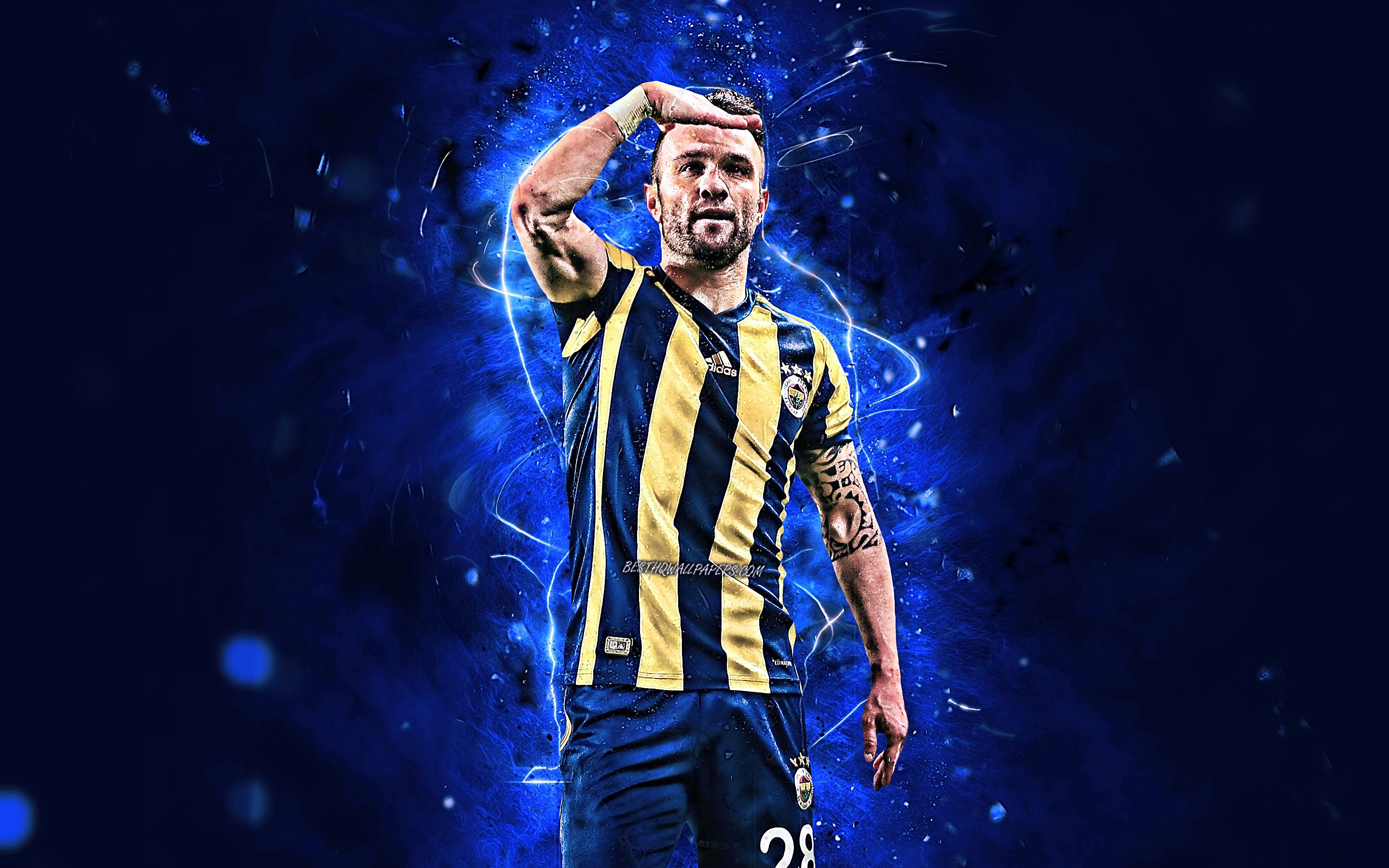 Download wallpaper Mathieu Valbuena, personal celebration, french footballers, Fenerbahce FC, soccer, Valbuena, goal, Turkish Super Lig, neon lights for desktop with resolution 2880x1800. High Quality HD picture wallpaper