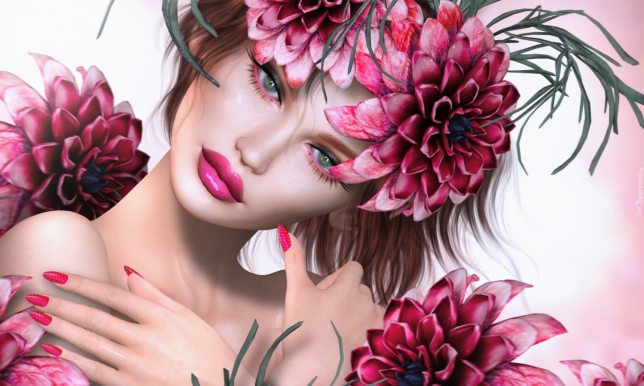 Fantasy Flower Girl Hair Lipstick Woman Wallpaper:2048x1229