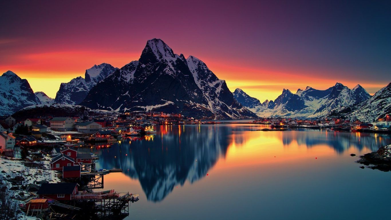 Lofoten Islands Norway Reine Lofoten Sunset Mountain Winter Snow Sea Water Reflection Nature Desktop Wallpaper HD 1920x1200, Wallpaper13.com