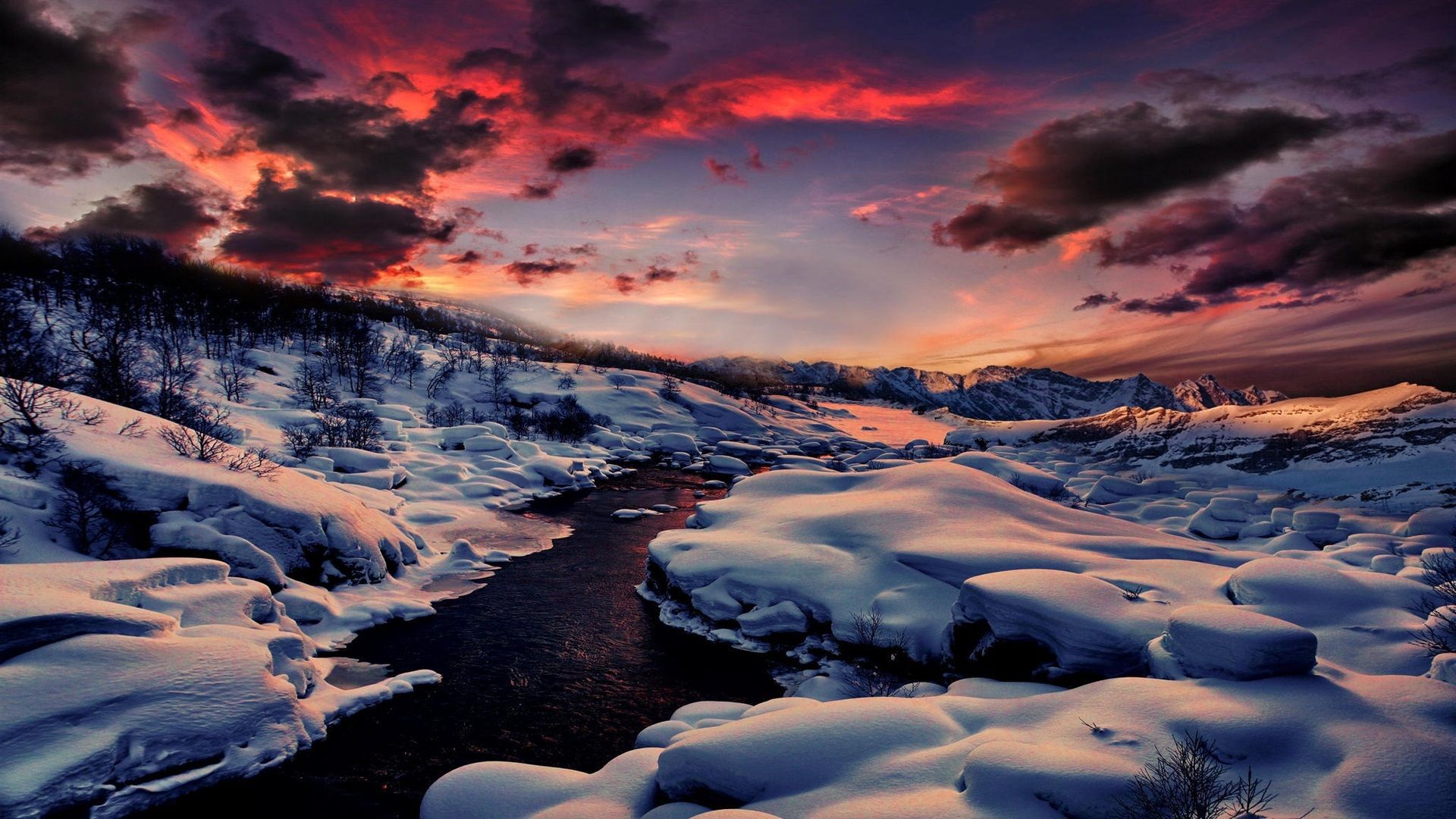 Wallpaper Winter, snow, river, mountain, forest, sunset 1920x1080 Full HD 2K Picture, Image