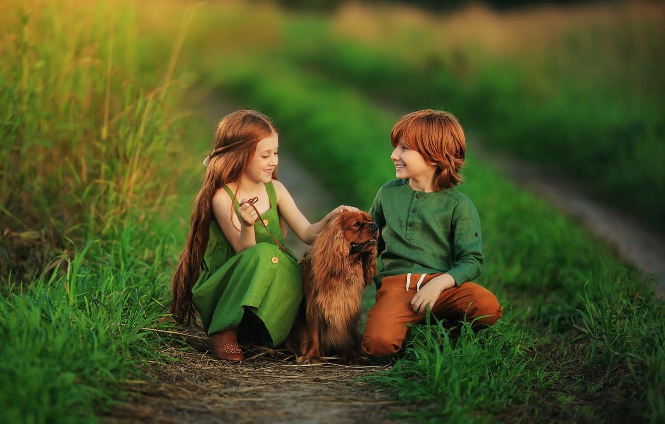 Wallpaper children, dog, boy, friendship, girl, red, friends, redhead, Anastasia Barmina image for desktop, section настроения