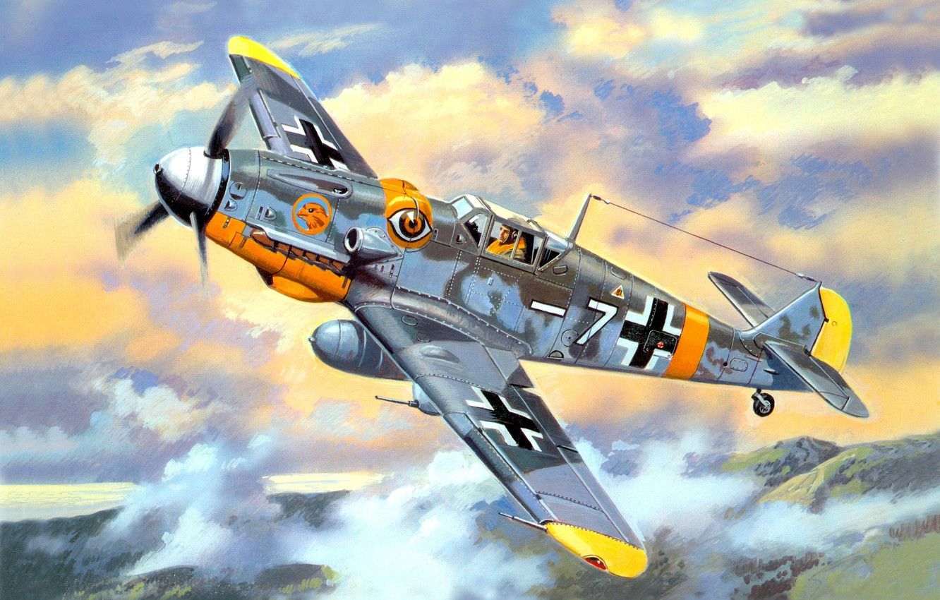 Wallpaper the sky, clouds, figure, fighter, art, German, WW2, Bf - for desktop, section авиация