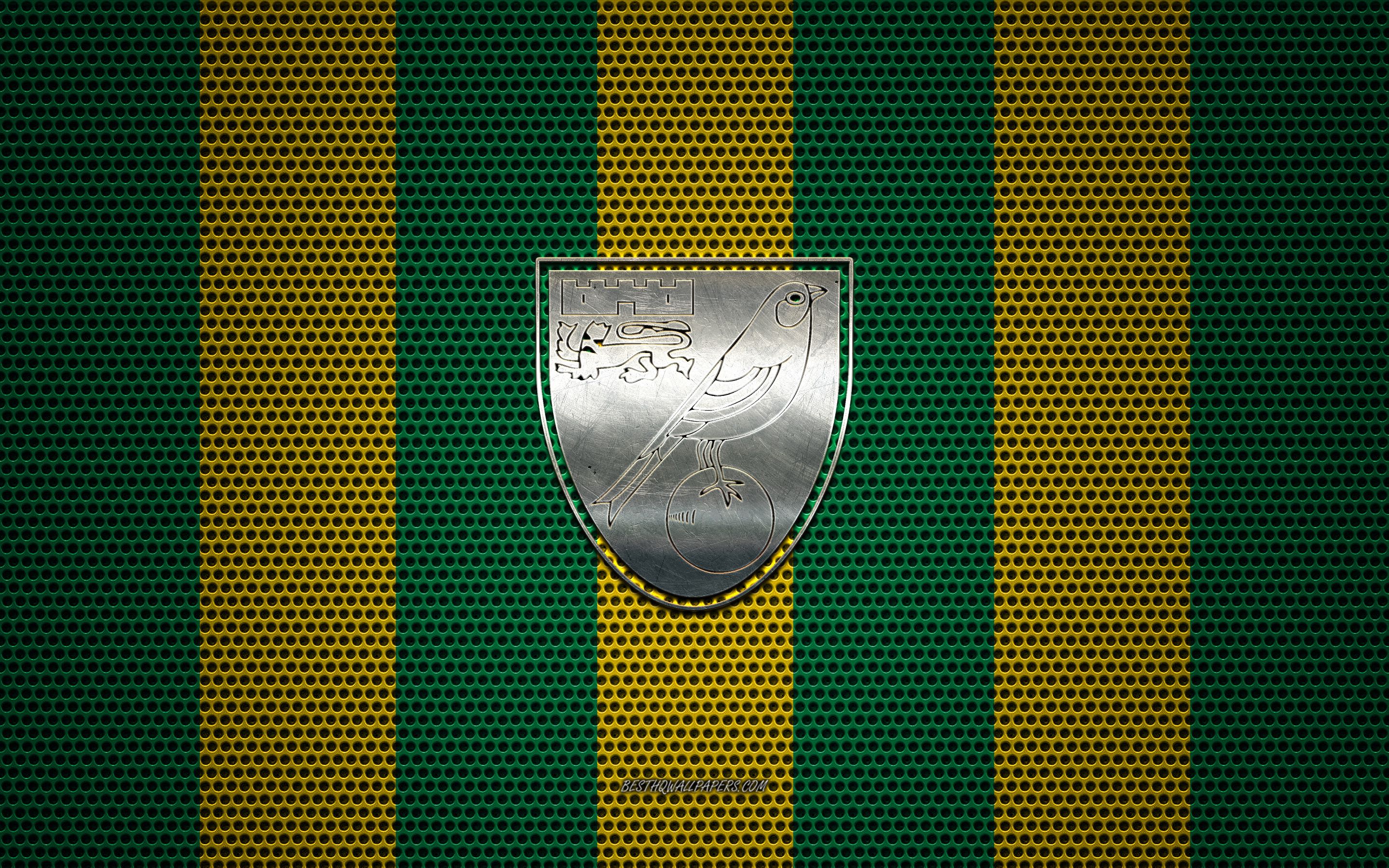 Download wallpaper Norwich City FC logo, English football club, metal emblem, green yellow metal mesh background, Norwich City FC, Premier League, Norwich, England, football for desktop with resolution 2880x1800. High Quality HD