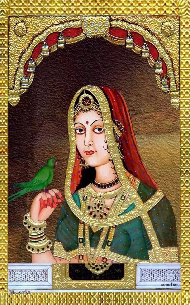 Rajasthani Painting Artwork Woman Parrot Rajasthani Paintings Wallpaper & Background Download