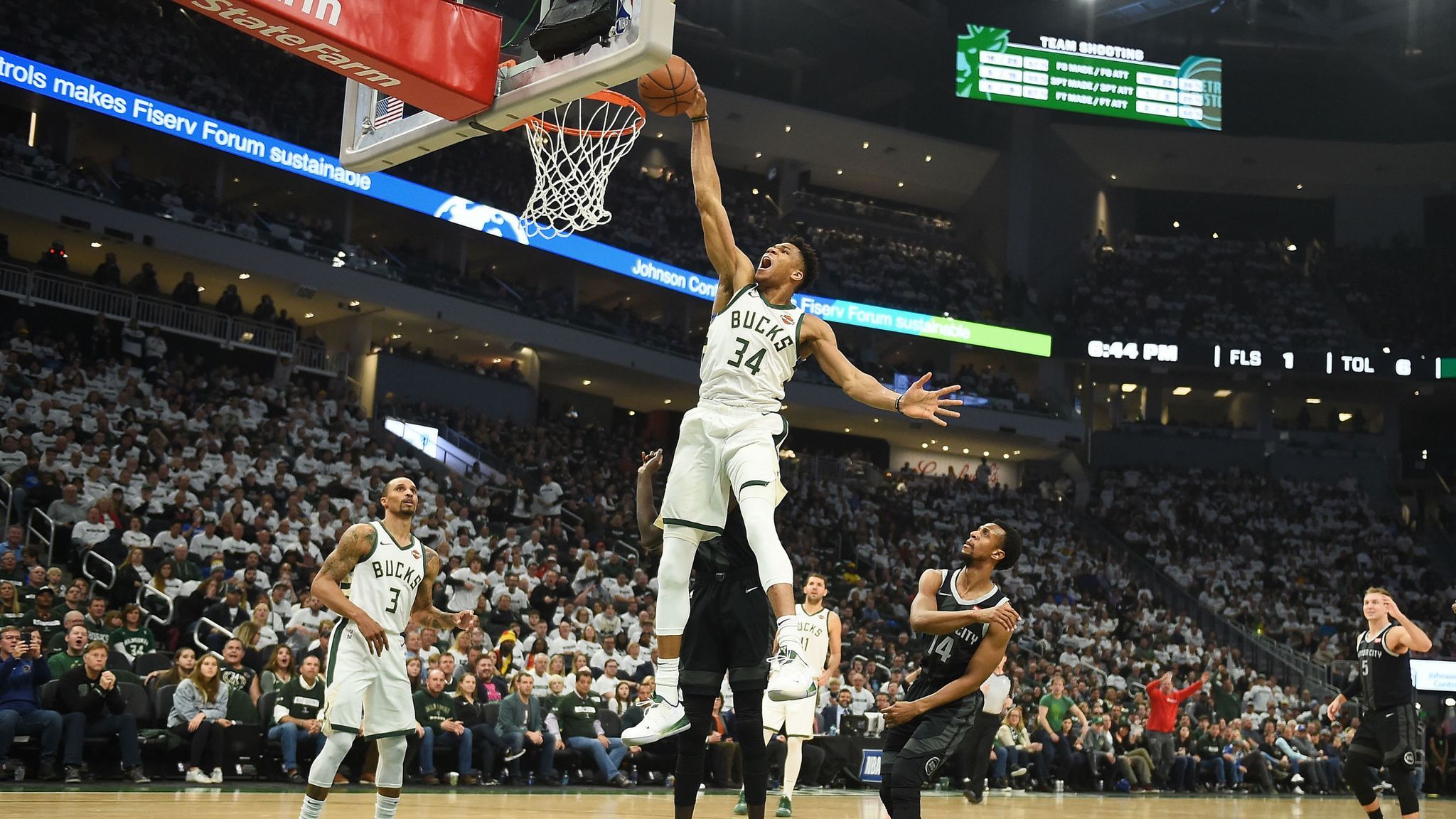 Giannis Antetokounmpo takes off for incredible dunk during Milwaukee Bucks Game 1 victory over Detroit Pistons