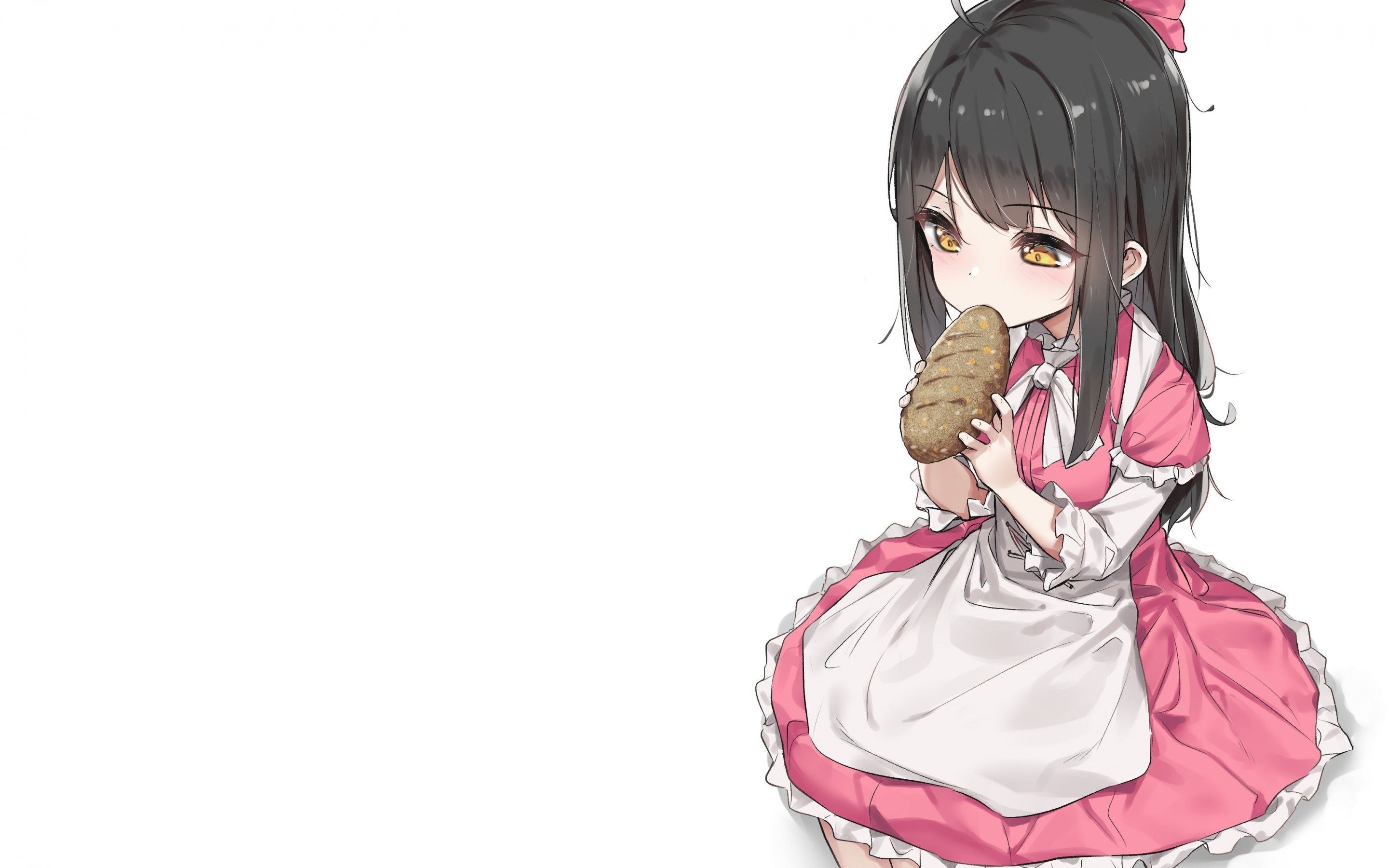 Download 2880x1800 Anime Girl, Cute, Eating A Bread, Loli, Apron, Black Hair Wallpaper for MacBook Pro 15 inch