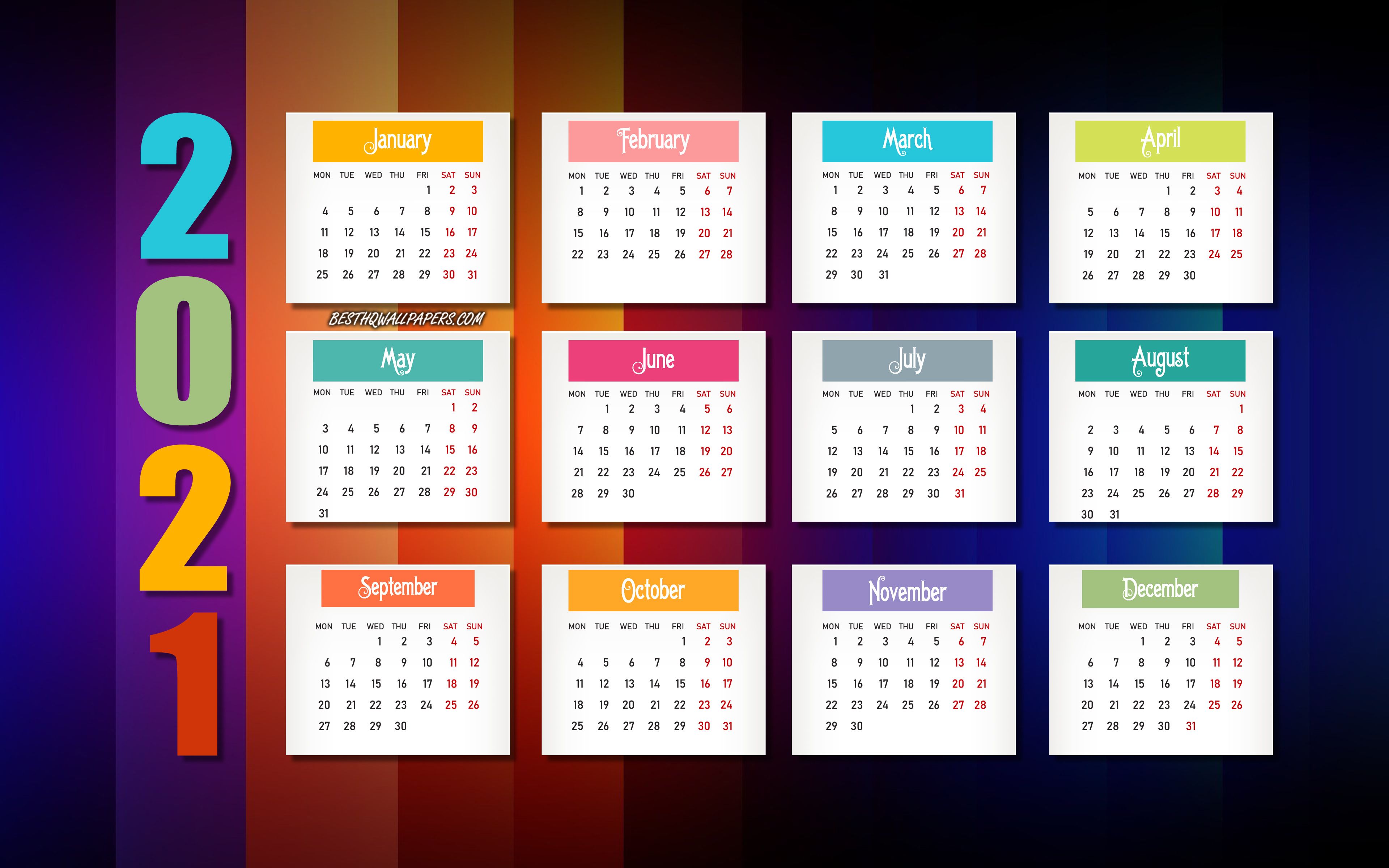 Download wallpaper 2021 Abstract Calendar, colorful lines background, 2021 all months calendar, 2021 colorful paper elements, 2021 concepts, 2021 New Year, 2021 Calendar for desktop with resolution 3840x2400. High Quality HD picture wallpaper