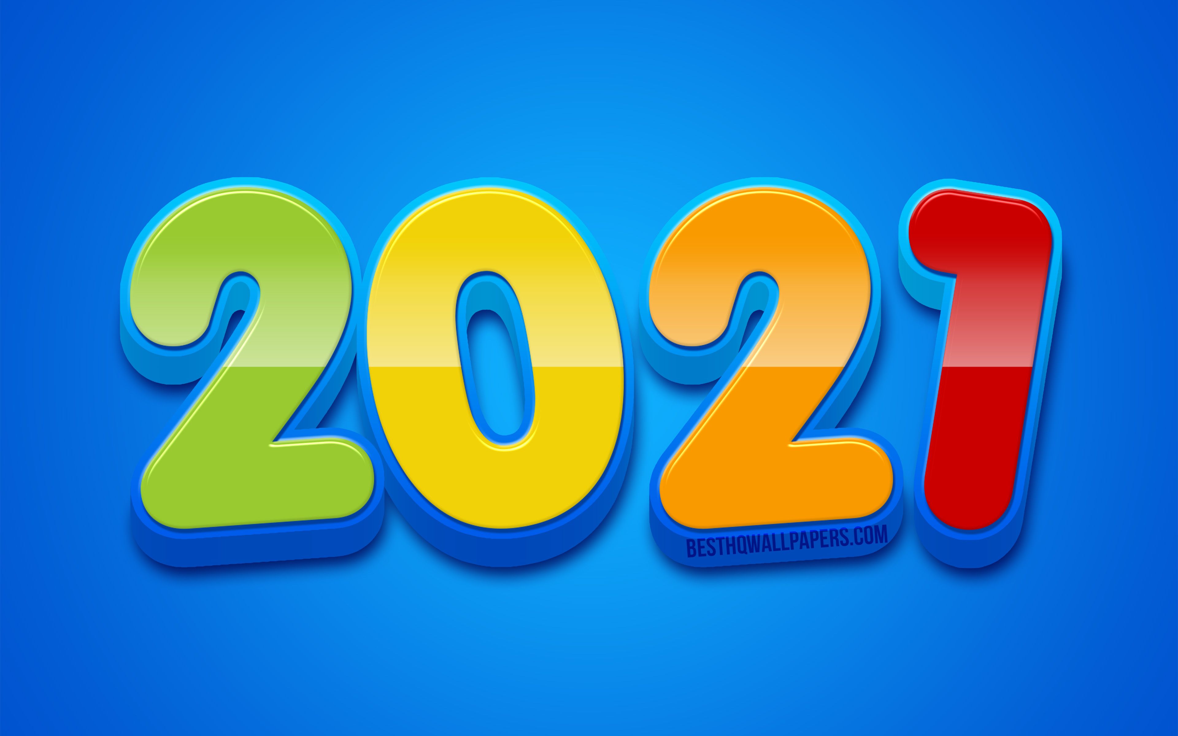 Download wallpaper 4k, Happy New Year colorful 3D digits, 2021 colorful digits, 2021 concepts, 2021 new year, 2021 on blue background, 2021 year digits for desktop with resolution 3840x2400. High Quality HD picture wallpaper