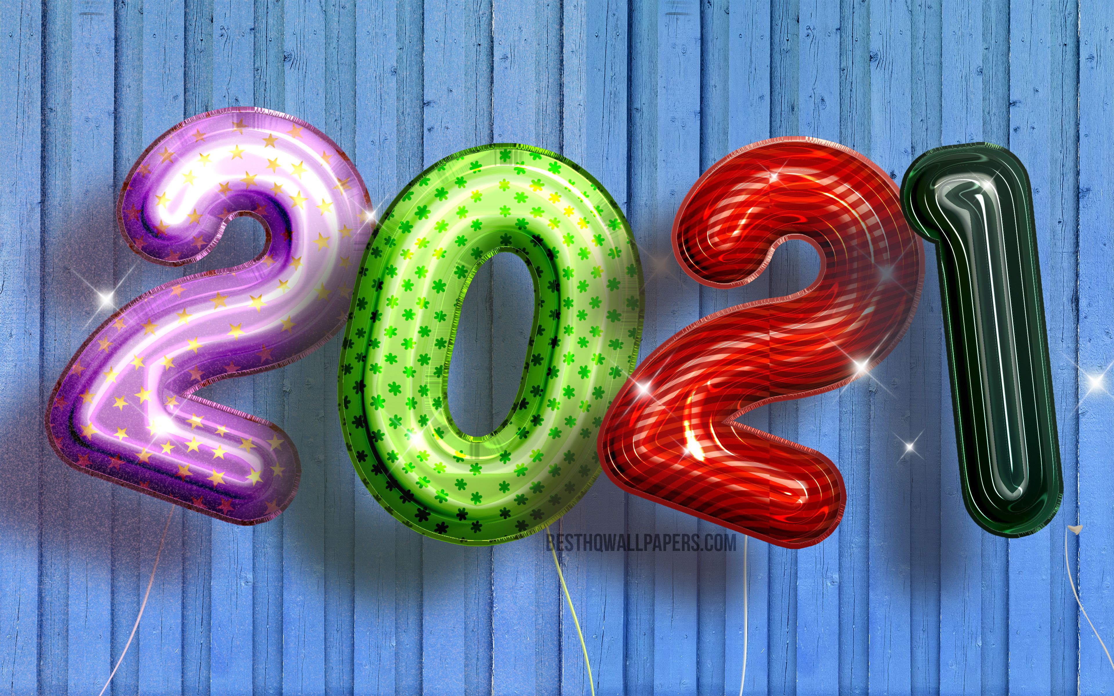 Download wallpaper 4k, Happy New Year colorful realistic balloons, 2021 colorful digits, 2021 concepts, 2021 new year, 2021 on blue background, 2021 year digits, New Year 2021 for desktop with resolution 3840x2400. High Quality HD picture