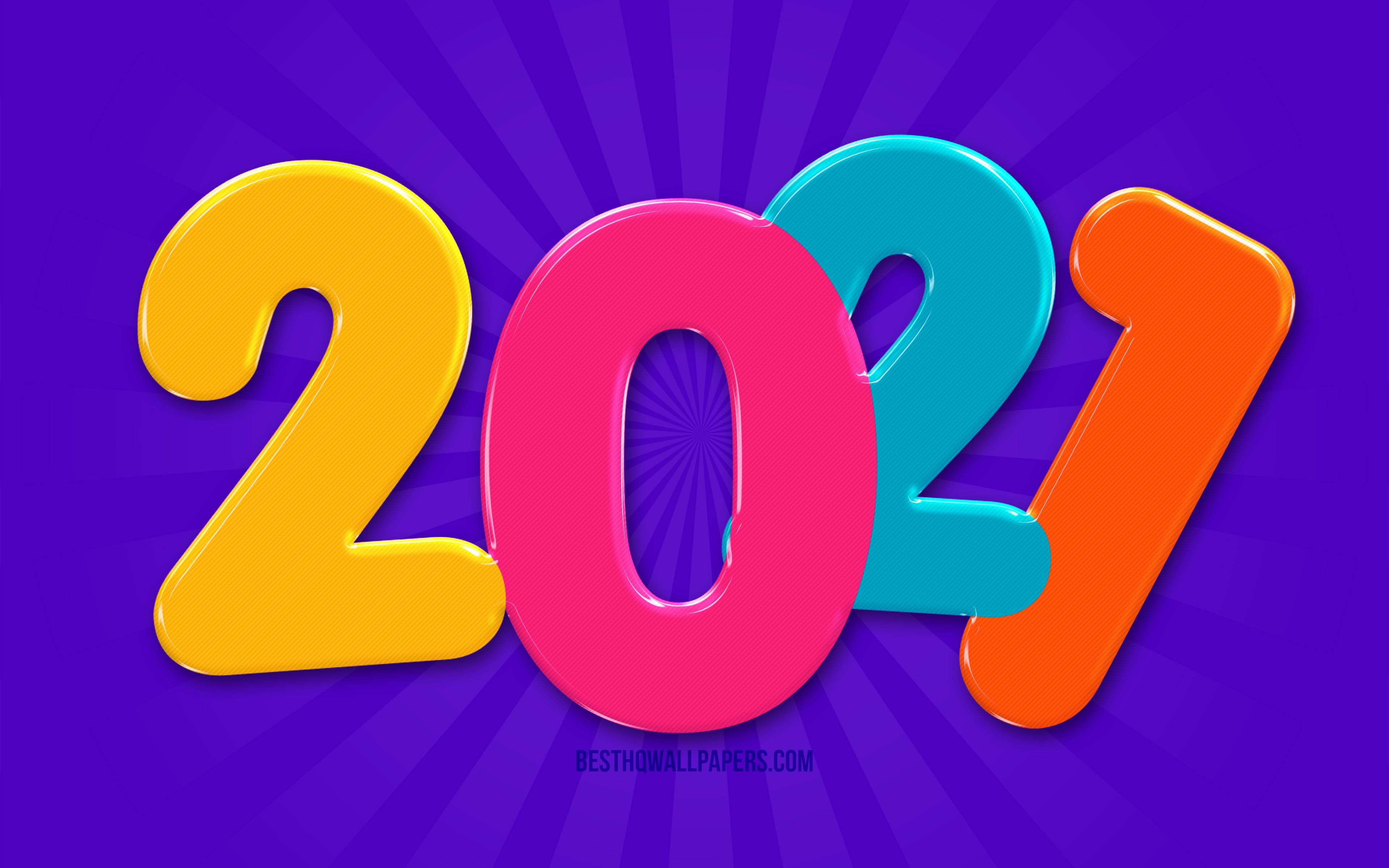 Download wallpaper 4k, New Year abstract rays, colorful 3D digits, 2021 colorful digits, 2021 concepts, 2021 new year, 2021 on violet background, 2021 year digits, Happy New Year 2021 for desktop
