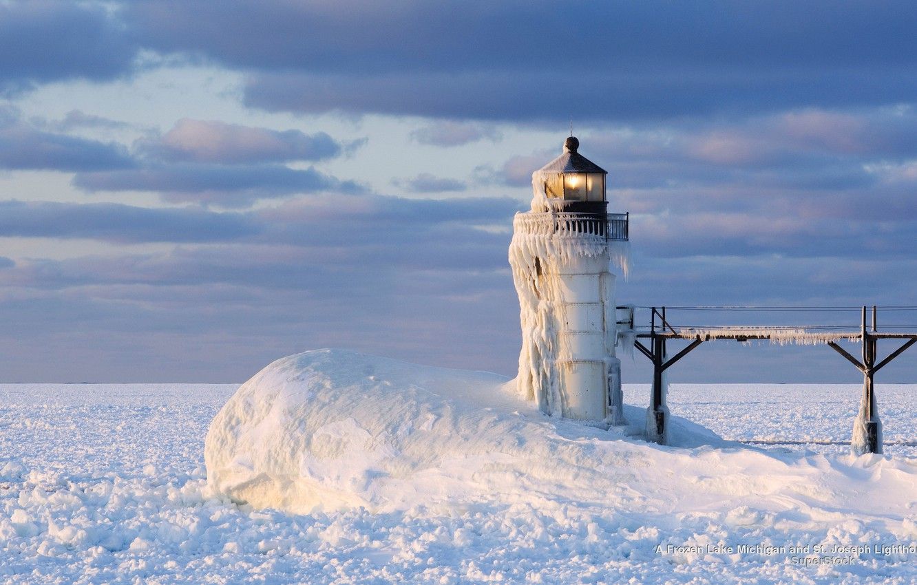 Wallpaper Frozen, Winter, Landscape, Snow, Lighthouse, Michigan image for desktop, section пейзажи