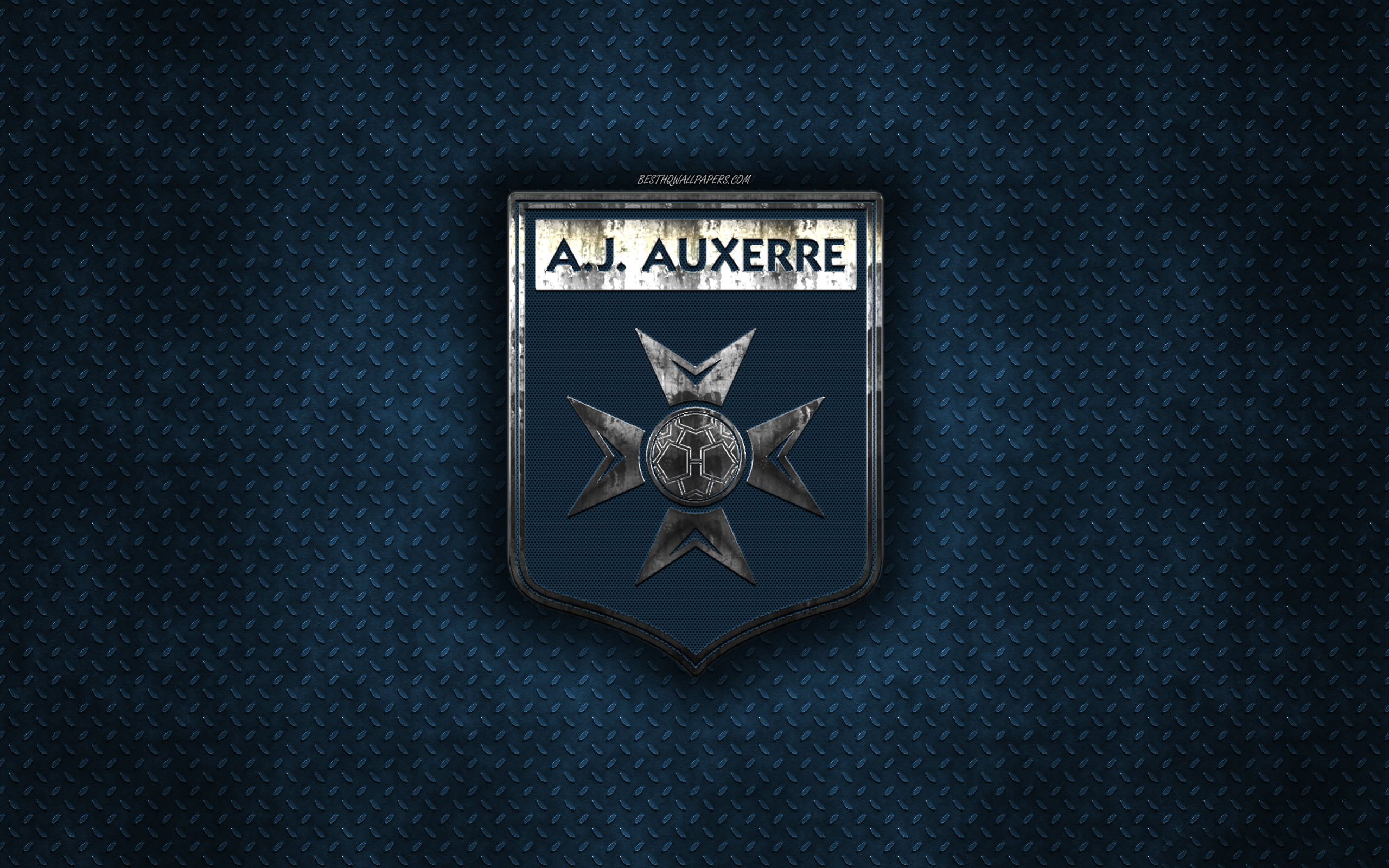 Download wallpaper AJ Auxerre, French football club, blue metal texture, metal logo, emblem, Auxerre, France, Ligue creative art, football for desktop with resolution 2560x1600. High Quality HD picture wallpaper