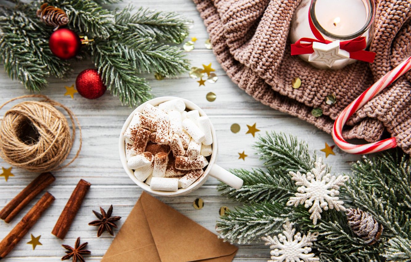 Wallpaper winter, branches, hot, chocolate, ate, Cup, candle, sweater, spices, marshmallows, Olena Rudo image for desktop, section новый год