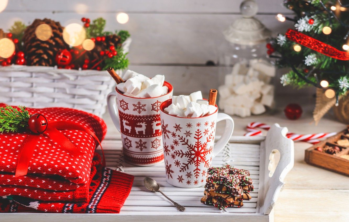 Wallpaper winter, mugs, cinnamon, sweater, tray, marshmallows, goache chocolate image for desktop, section новый год