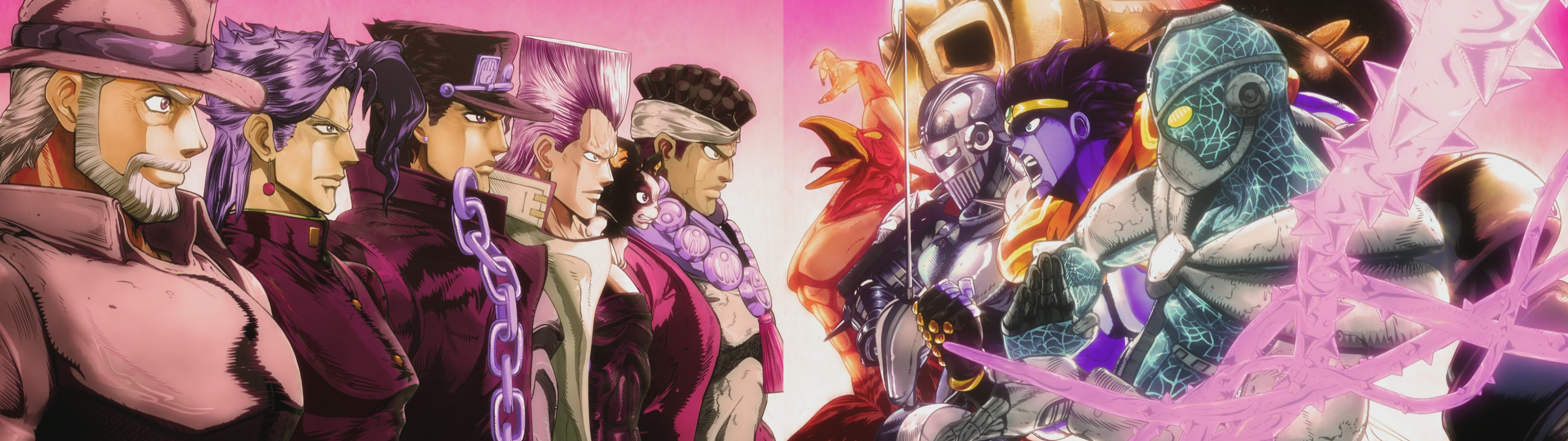 Fanart I made this dual screen desktop wallpaper (3840 x 1080) with the Crusaders facing their Stands from Sono Chi no Kioku that maybe some of you guys could use