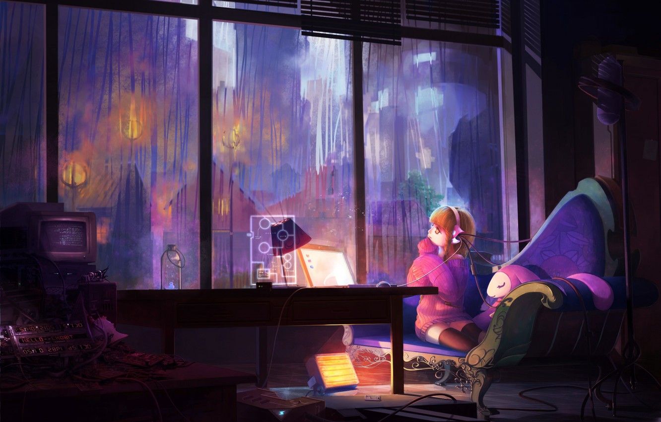 Wallpaper computer, girl, room, rain, wire, Windows, art, chobits image for desktop, section прочее