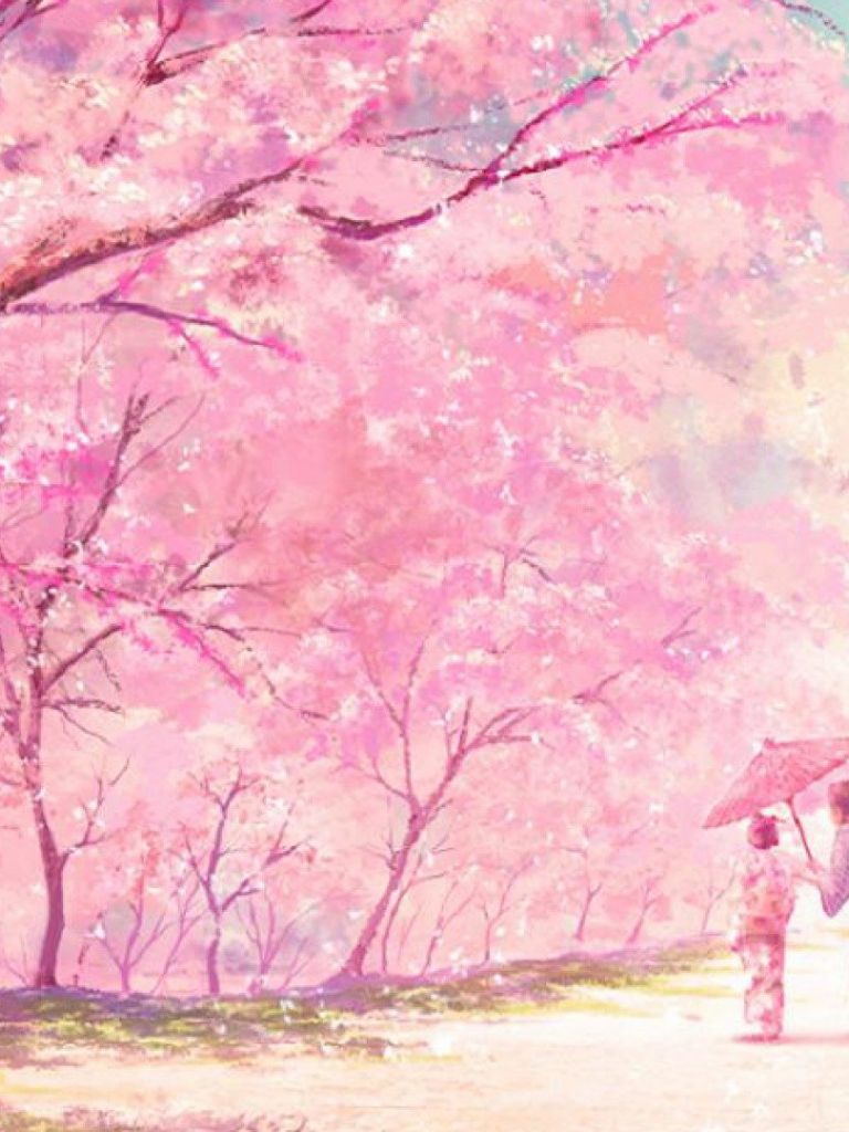 KREA - aromatic pink sakura trees in the soft light of the moon, an anime  scene of a young couple under the trees, in a traditional Japanese setting,  art by Vivi Ornitier,