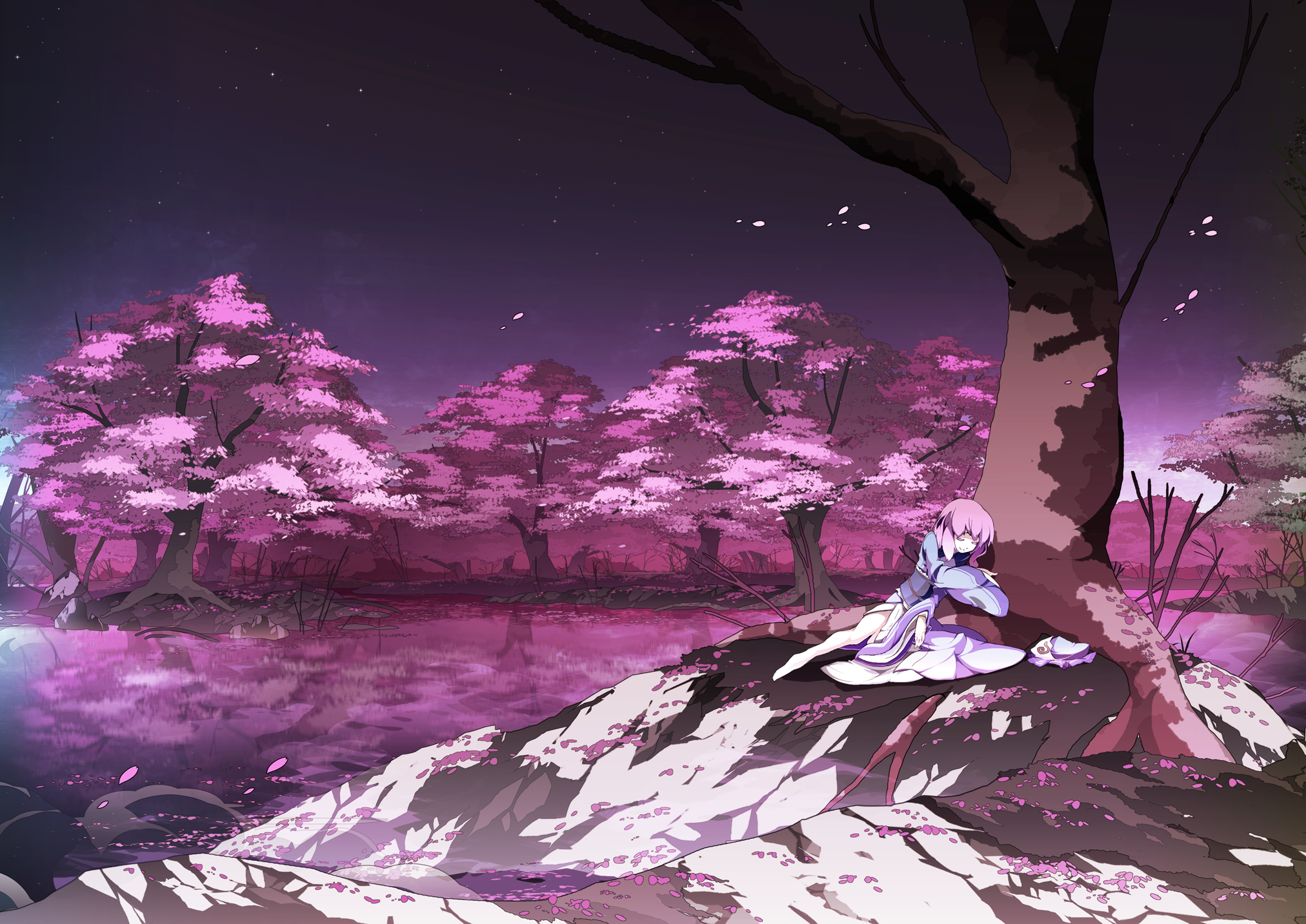 Asakura Masatoki Touhou Anime Girls Saigyouji Yuyuko Nature Trees Sleeping Dress Hat Pink Hair Lake Wallpaper:2024x1433