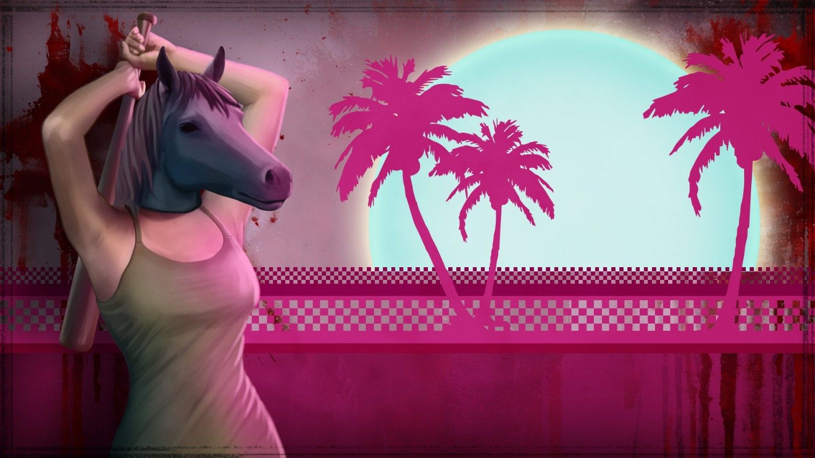 video games, women, anime, mask, palm trees, pink, Hotline Miami, color, stage, screenshot, computer wallpaper, fictional character