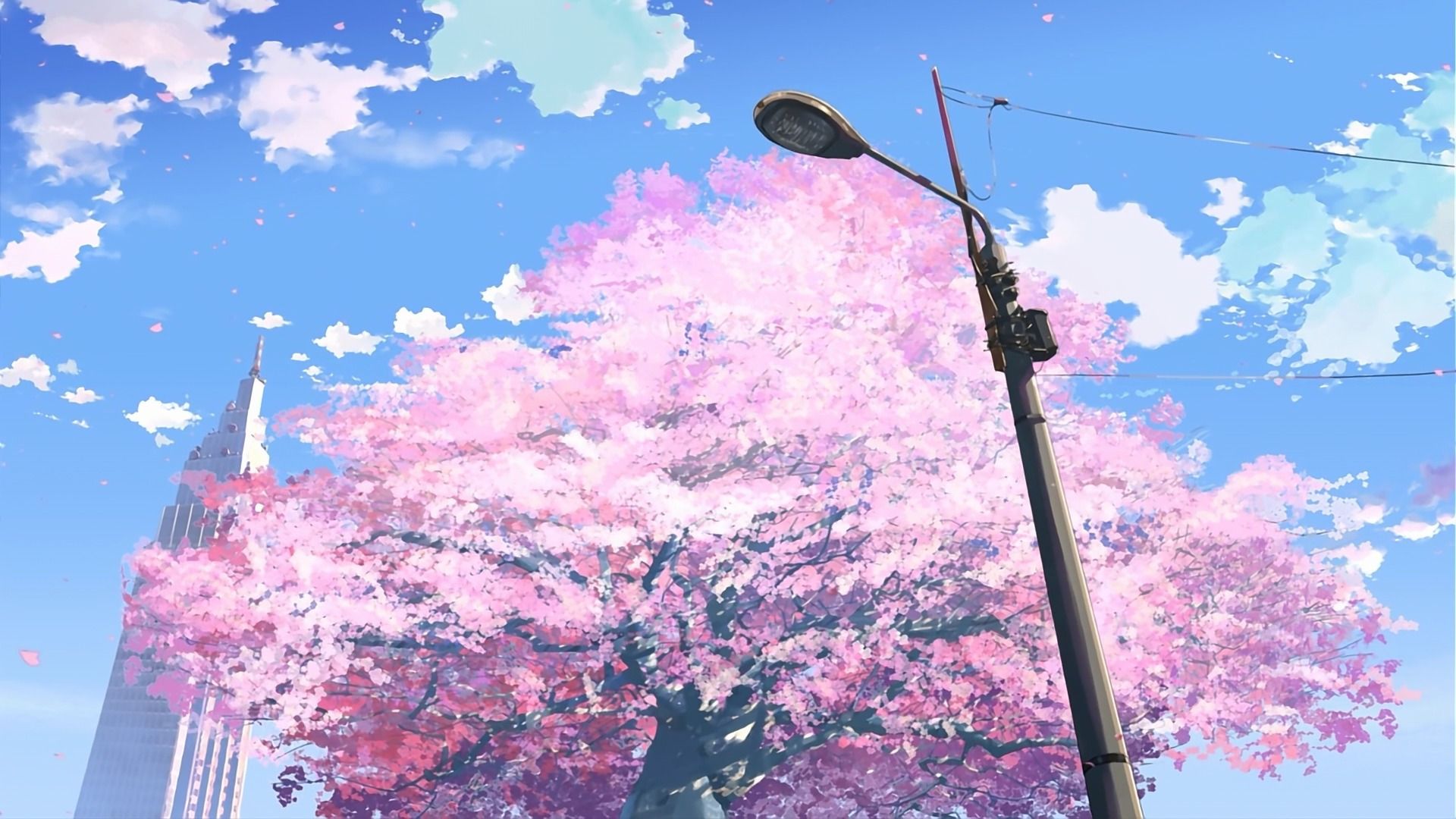 Centimeters Per Second, city, trees, anime, pink, skyx1080 Wallpaper
