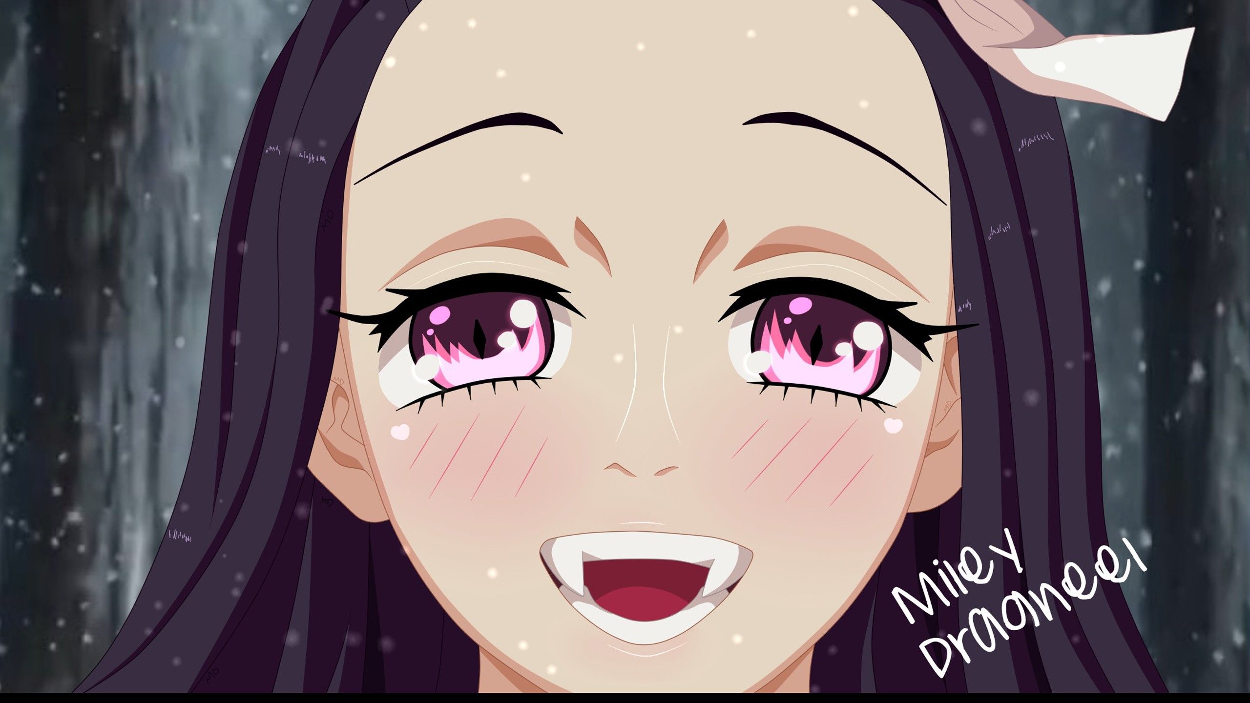 Demon Slayer Nezuko Kamado With Pink Eyes With Background Of Snow Falling And Trees HD Anime Wallpaper