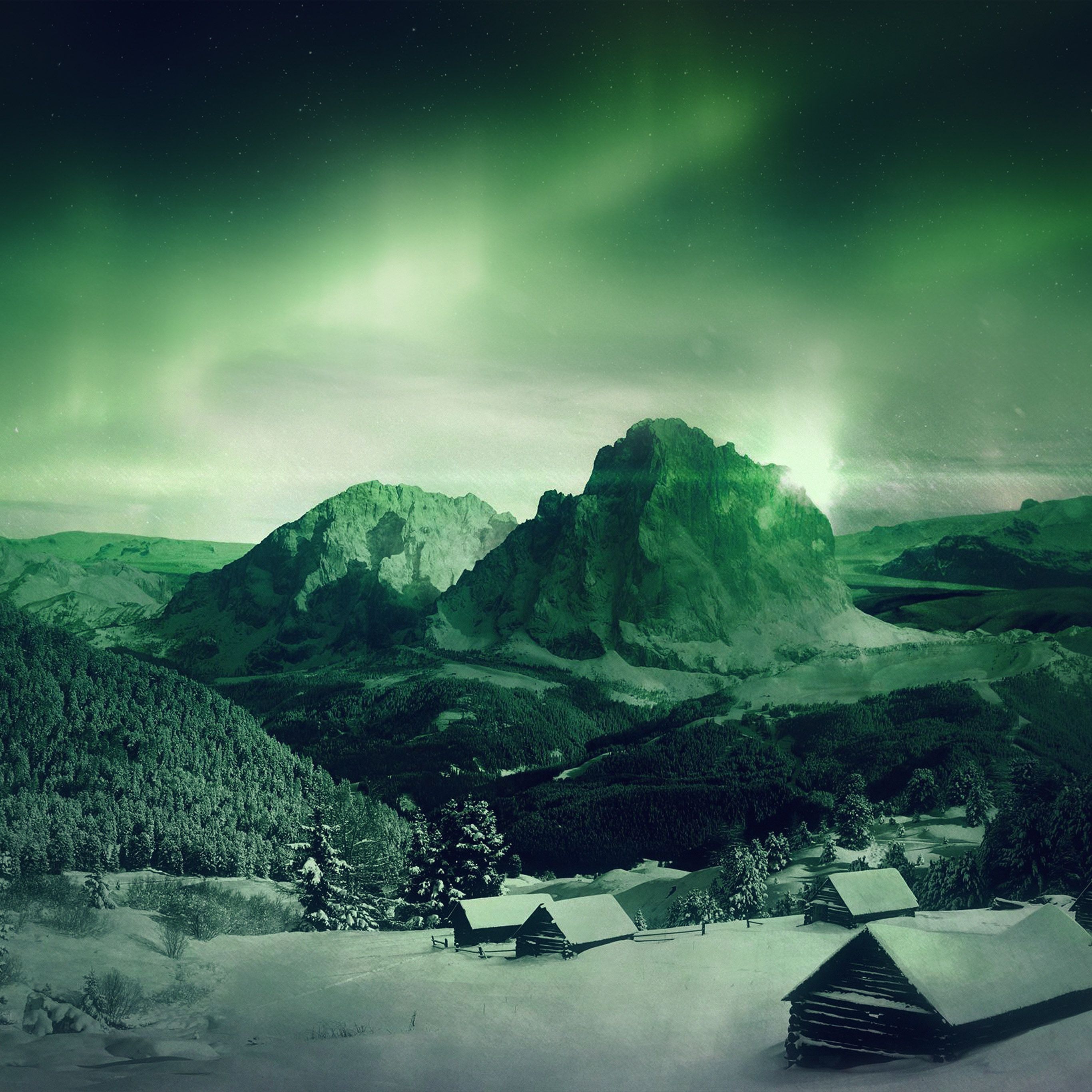 Android wallpaper. night sky mountain snow winter aurora green