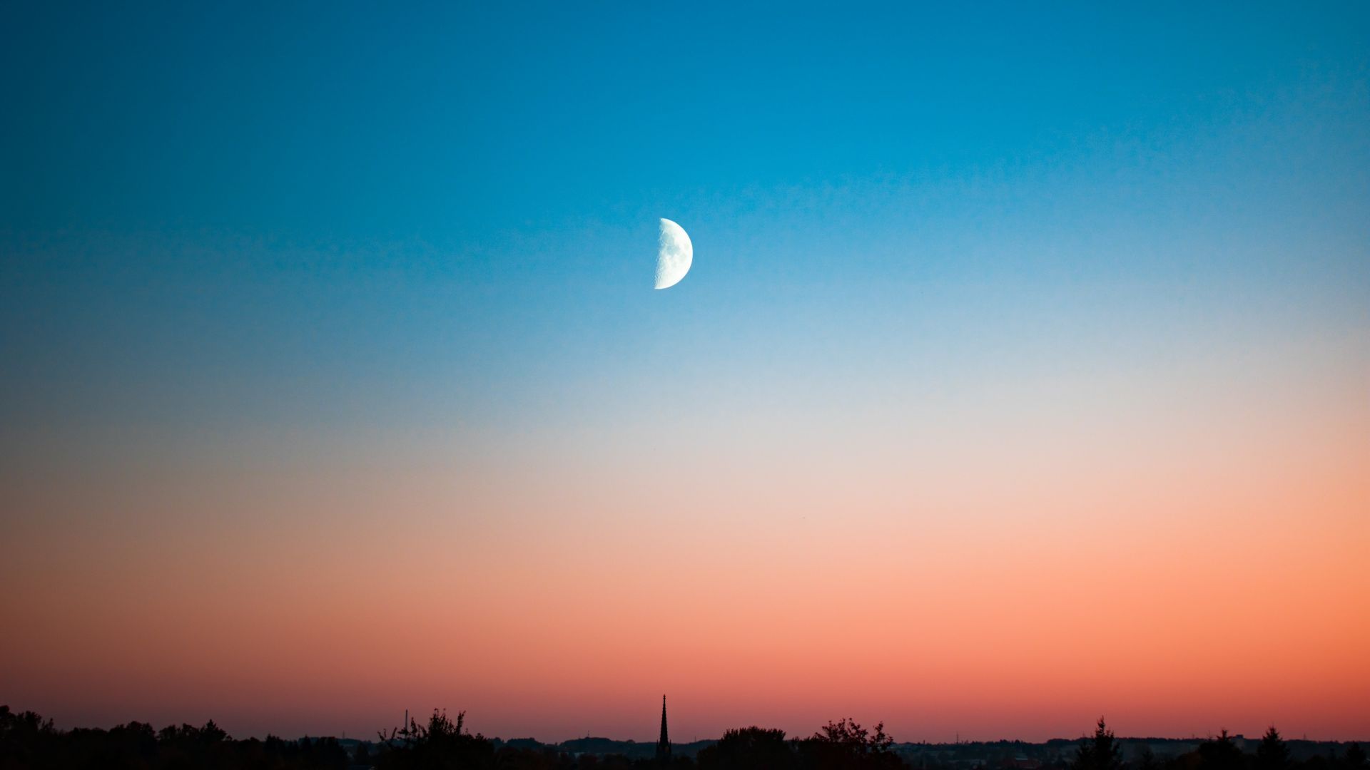 Desktop wallpaper half moon, landscape, sky, minimal, sunset, HD image, picture, background, 0c7e5b