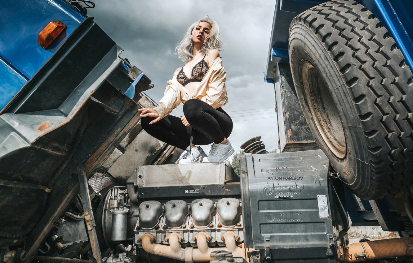 Wallpaper girl, pose, engine, truck, legs, Anton Kharisov image for desktop, section девушки