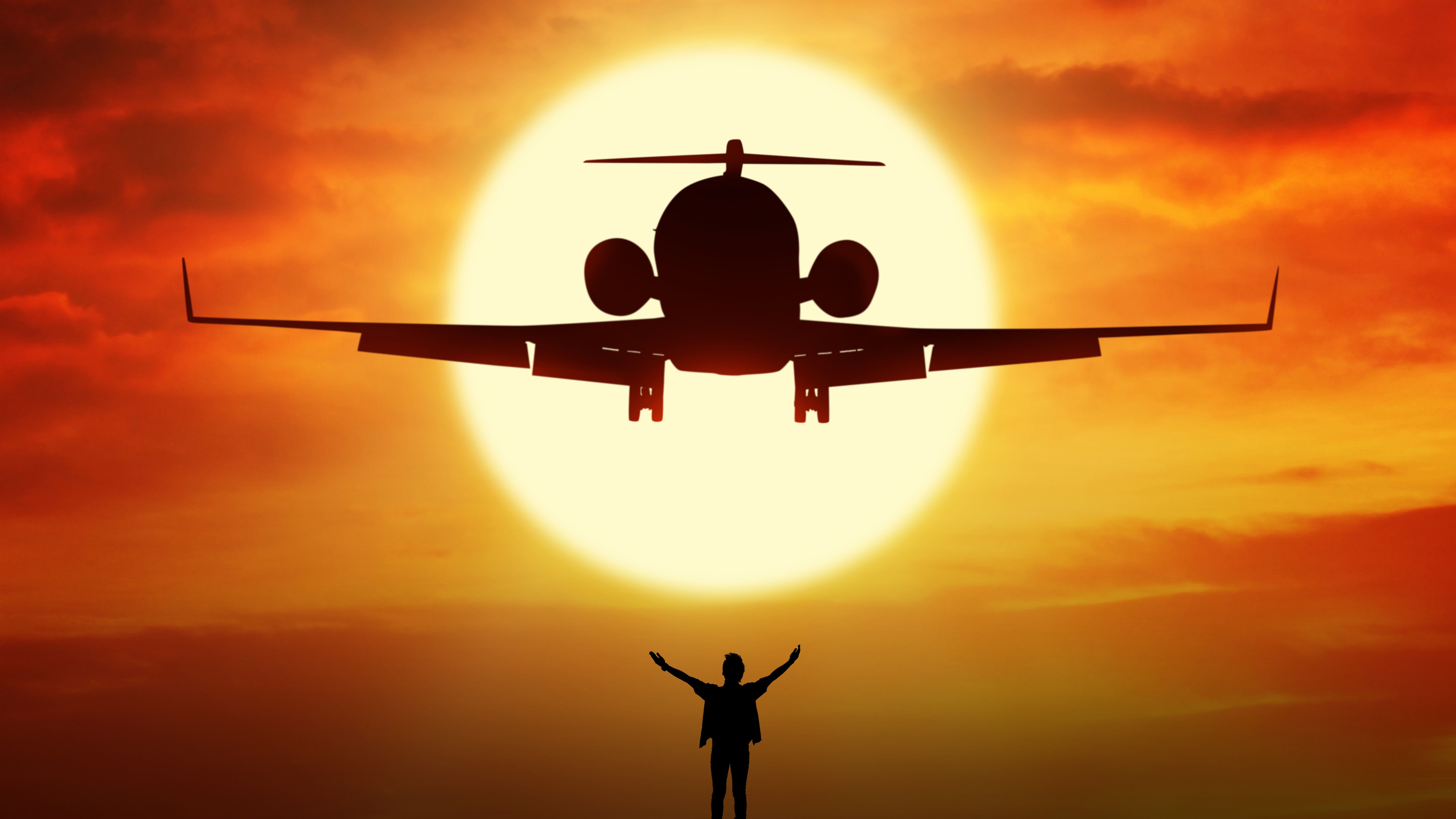 Wallpaper Airplane and man, silhouette, sunset, sun 7680x4320 UHD 8K Picture, Image