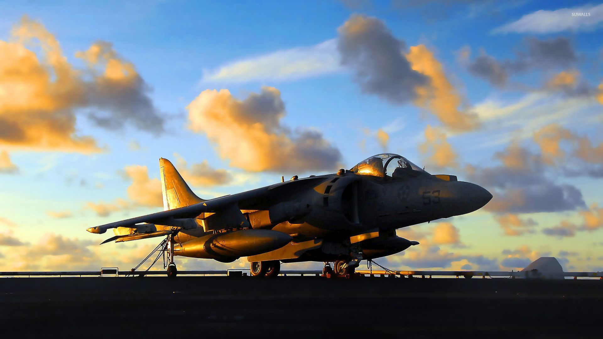 Sunset light reflecting on a Harrier Jump Jet wallpaper Wallpaper Flying Magazine
