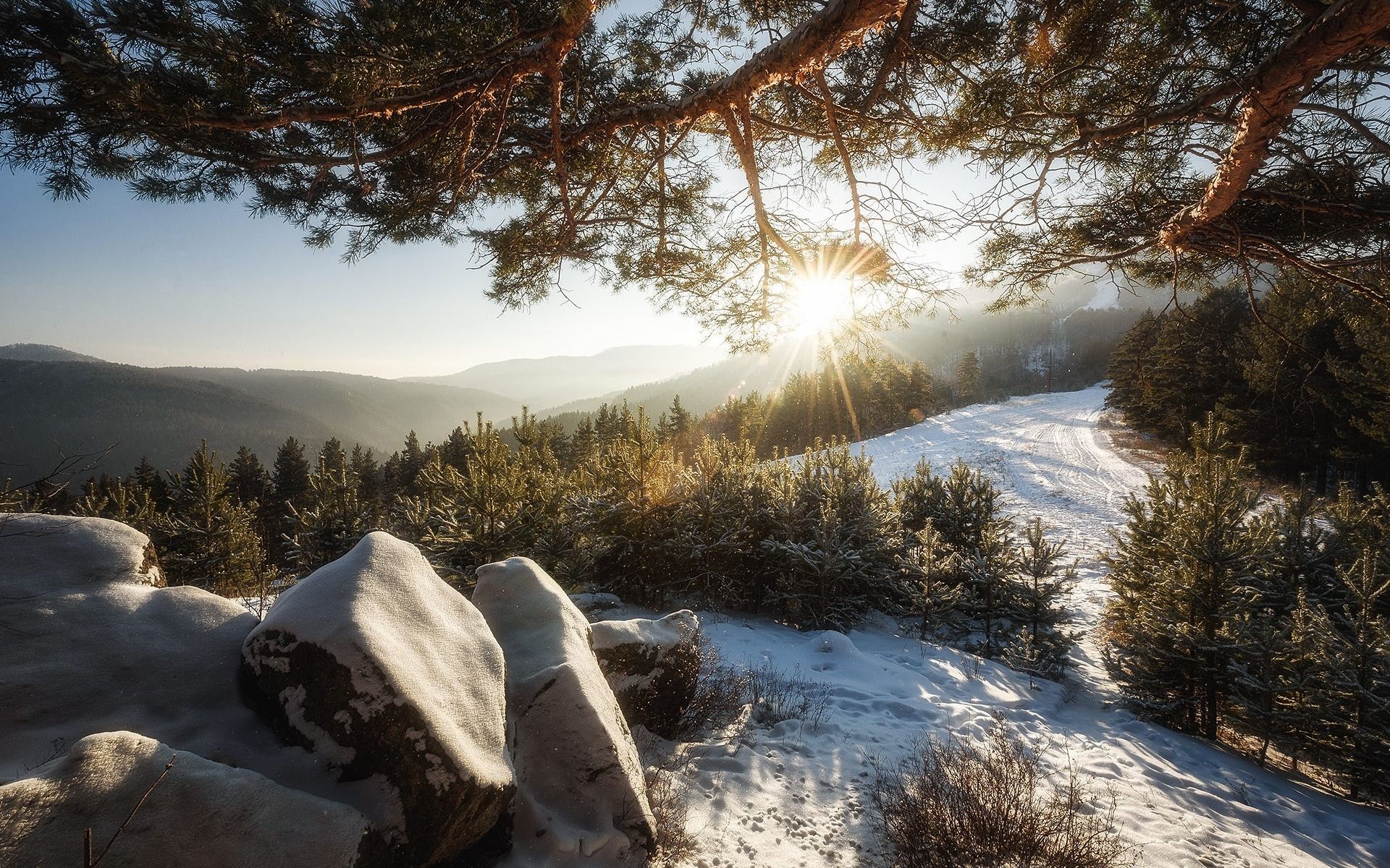 Download wallpaper mountain landscape, morning, mountain tops, snow, winter, mountains, sunrise for desktop with resolution 1920x1200. High Quality HD picture wallpaper